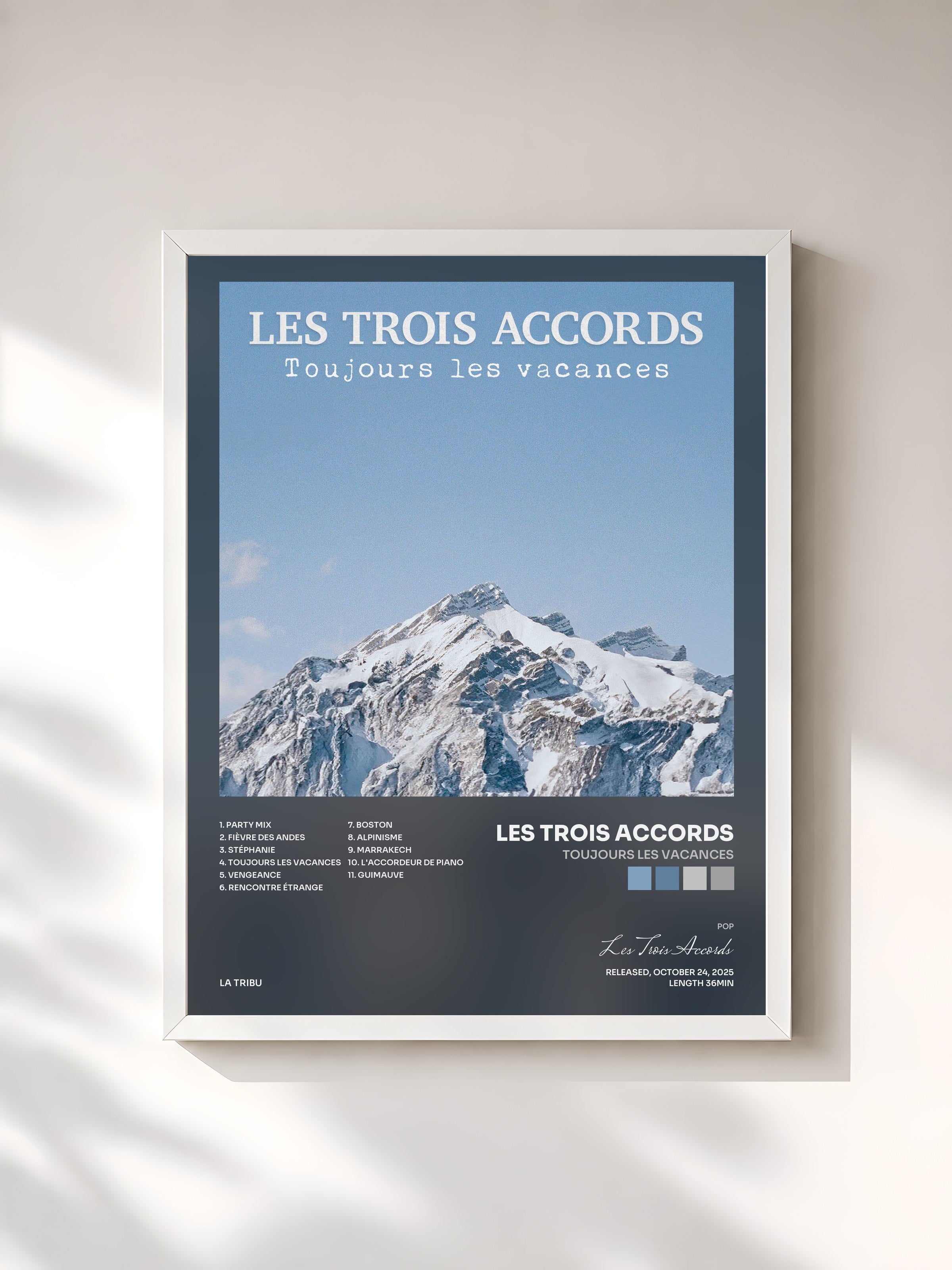 #blanc Tableau de l'album Toujours les vacances de Les Trois Accords, cadre blanc, imprimé et encadré en France