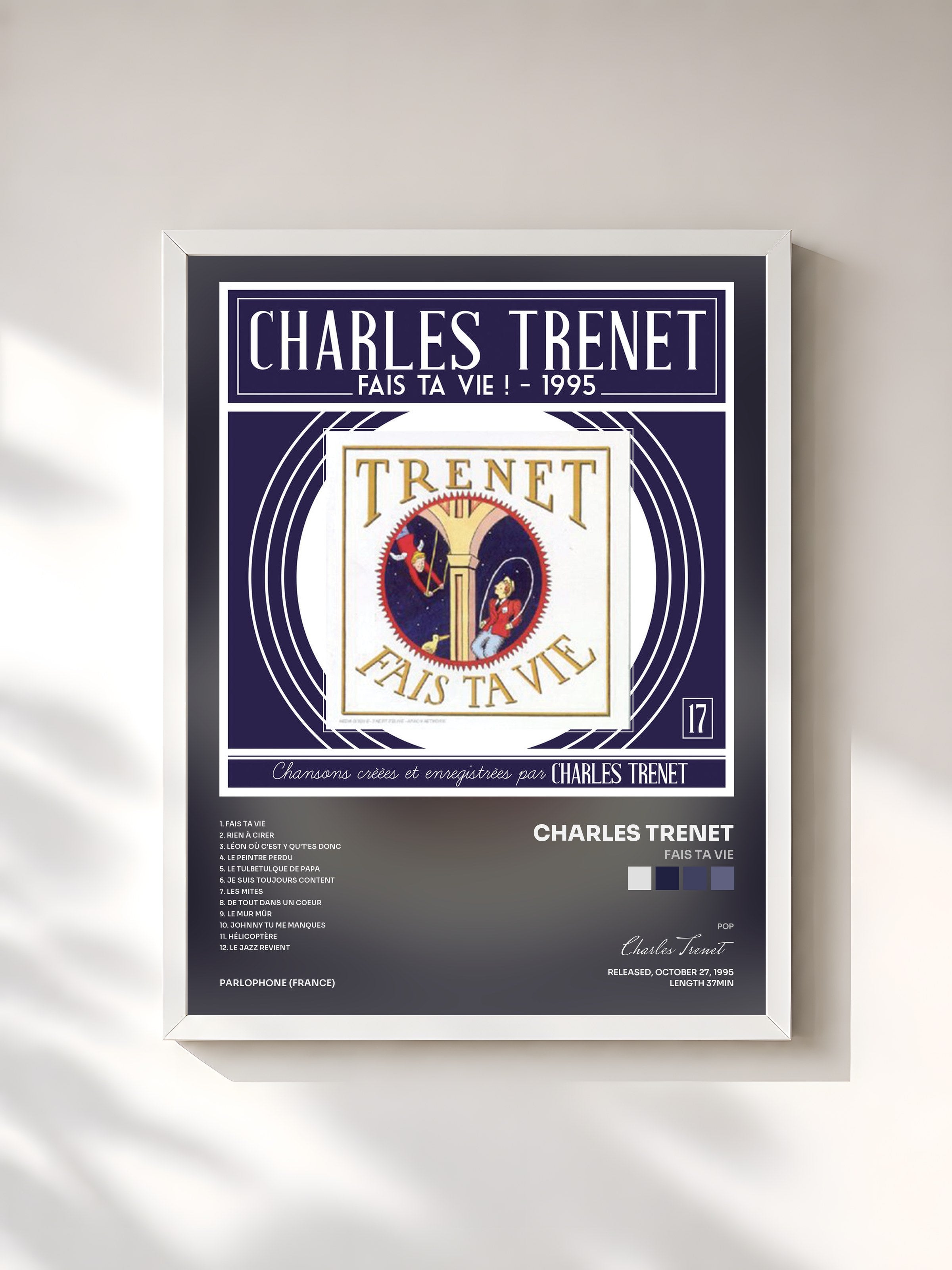 #blanc Tableau de l'album Fais ta vie de Charles Trenet, cadre blanc, imprimé et encadré en France
