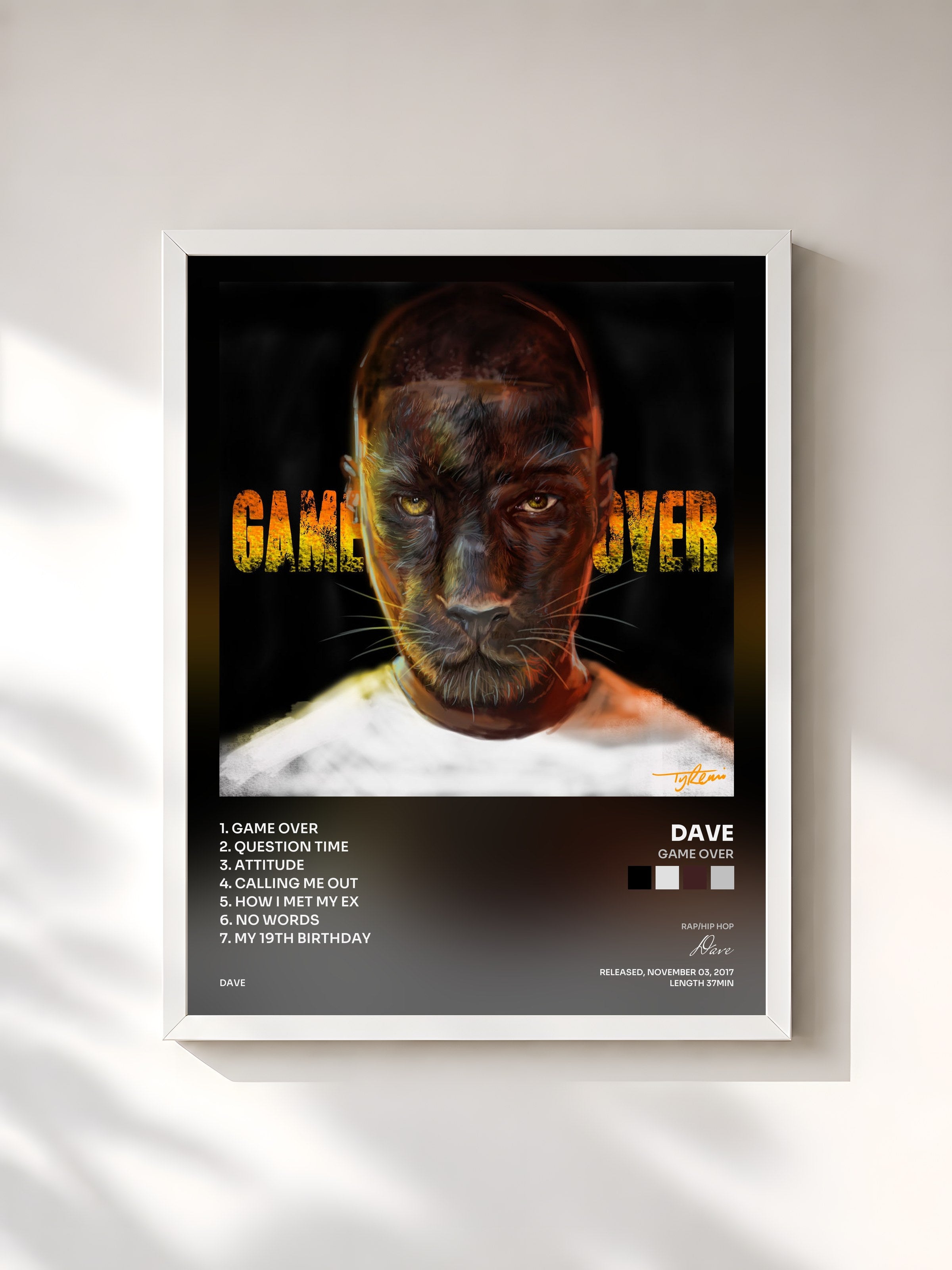 #blanc Tableau de l'album Game Over de Dave, cadre blanc, imprimé et encadré en France