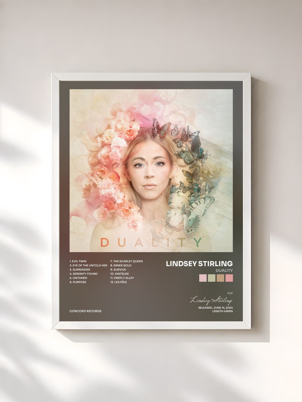 #blanc Tableau de l'album Duality de Lindsey Stirling, cadre blanc, imprimé et encadré en France