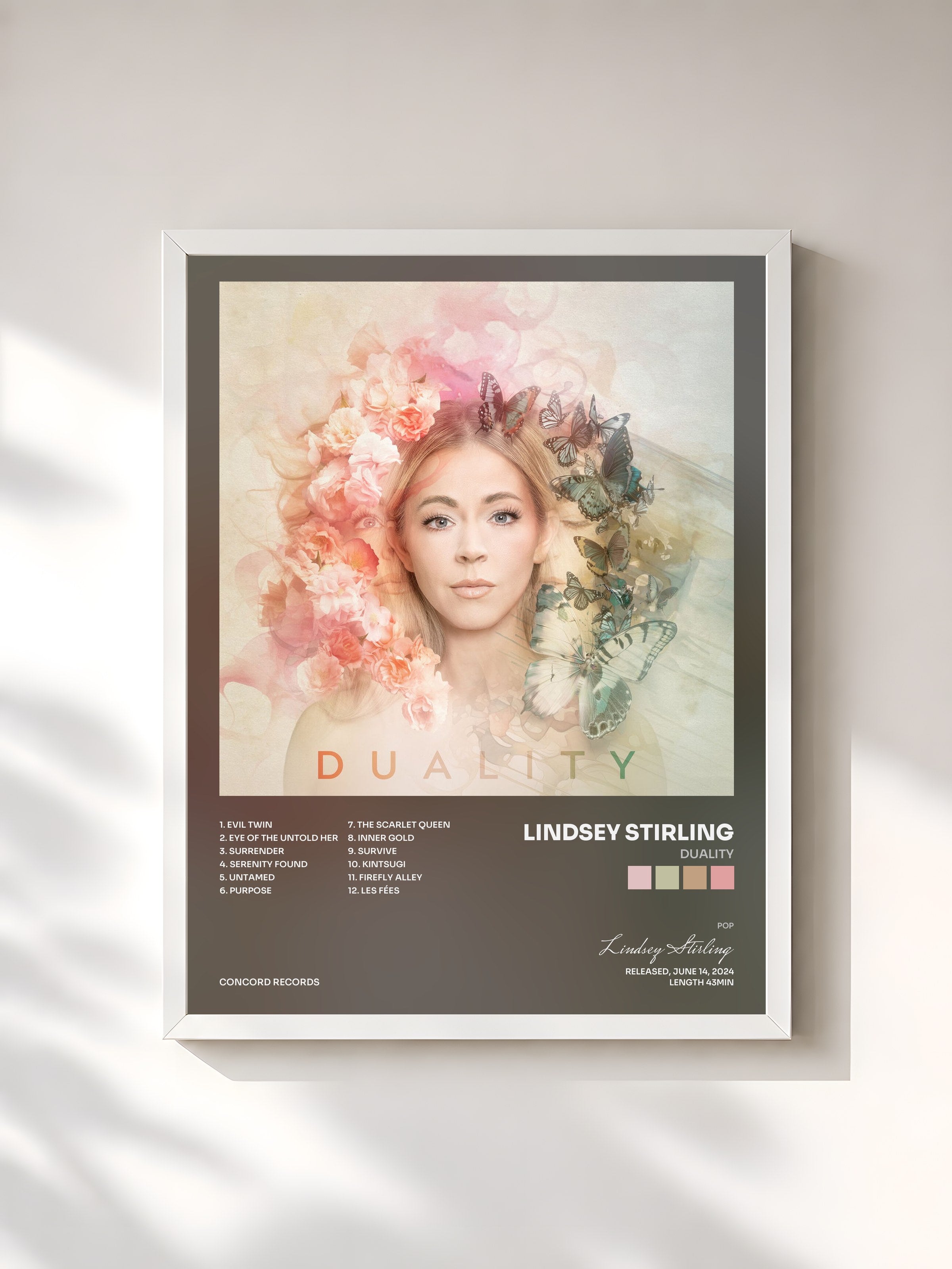 #blanc Tableau de l'album Duality de Lindsey Stirling, cadre blanc, imprimé et encadré en France