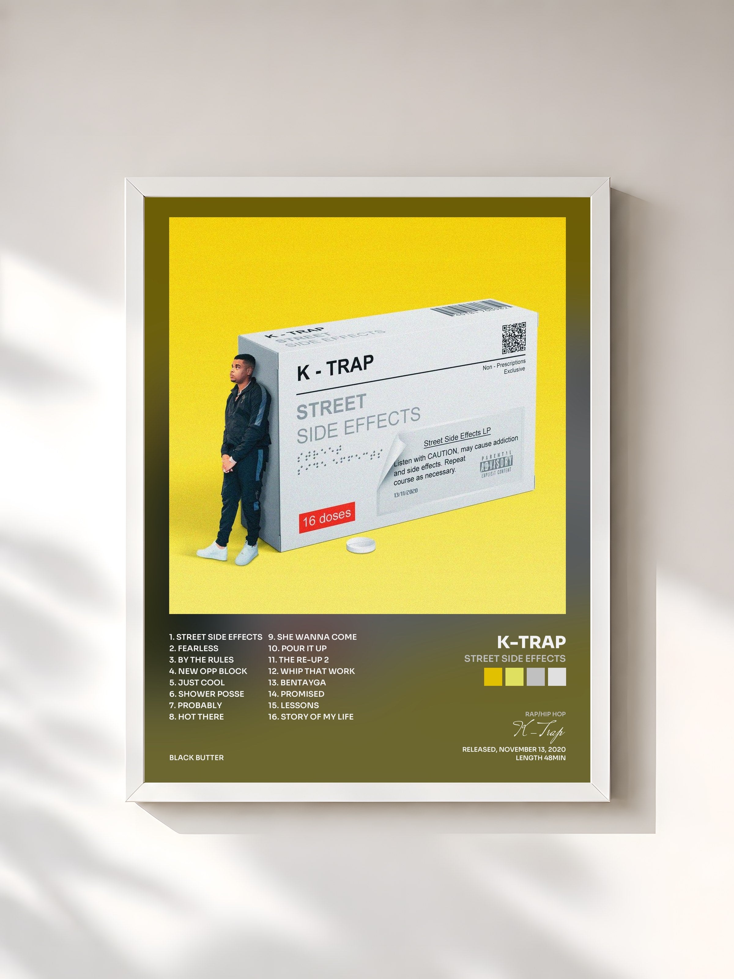#blanc Tableau de l'album Street Side Effects de K-Trap, cadre blanc, imprimé et encadré en France