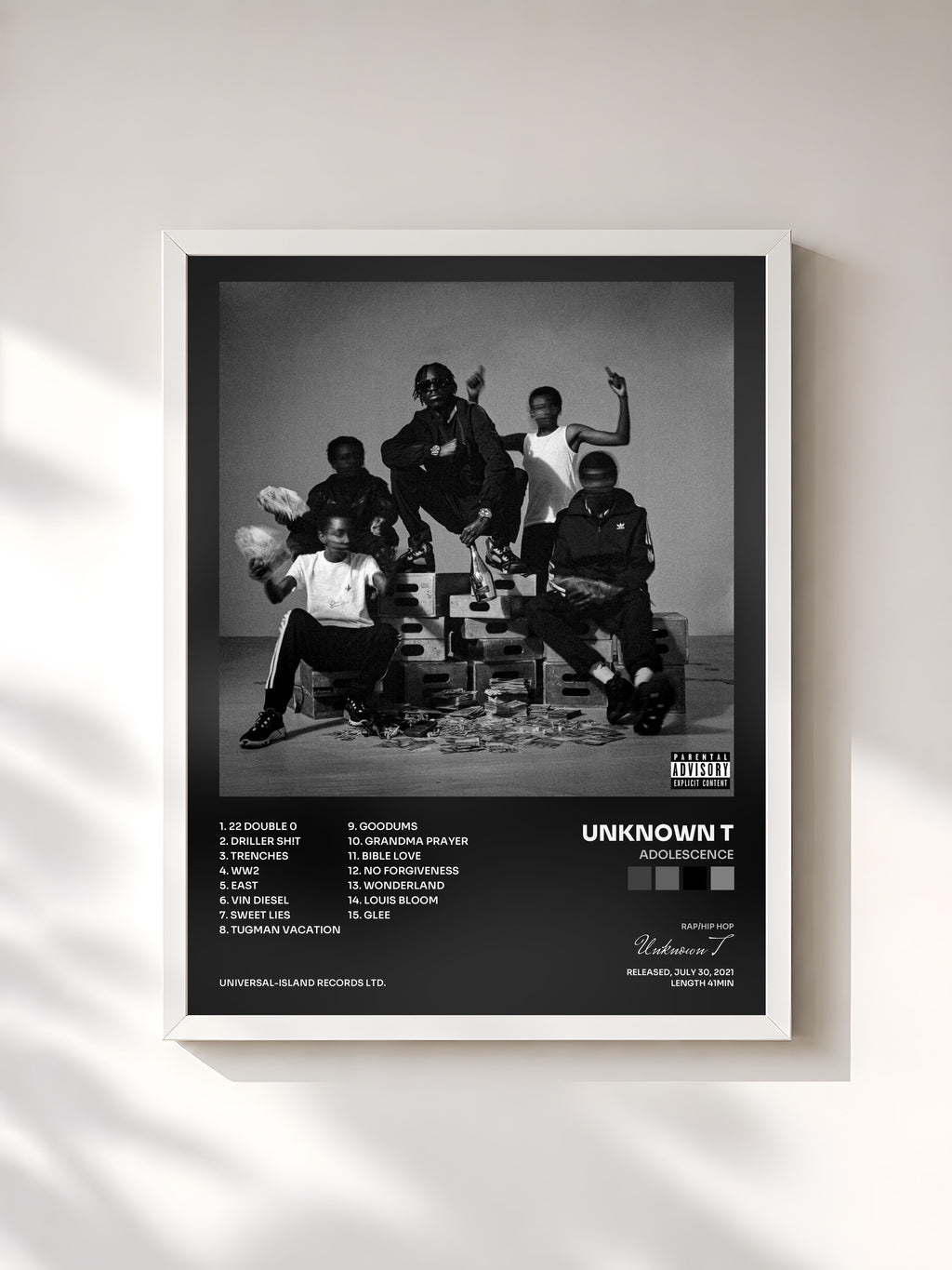 #blanc Tableau de l'album Adolescence de Unknown T, cadre blanc, imprimé et encadré en France