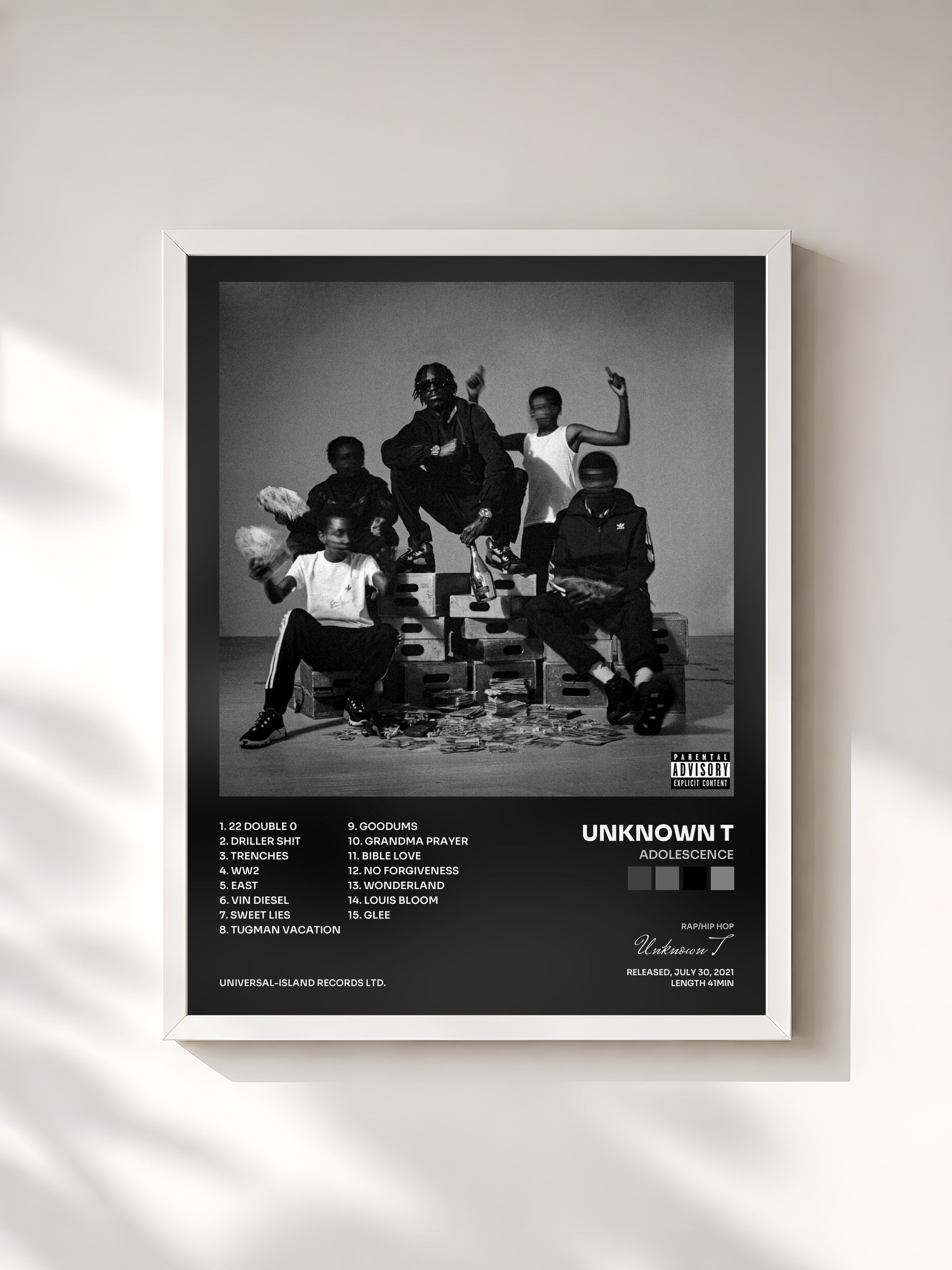 #blanc Tableau de l'album Adolescence de Unknown T, cadre blanc, imprimé et encadré en France
