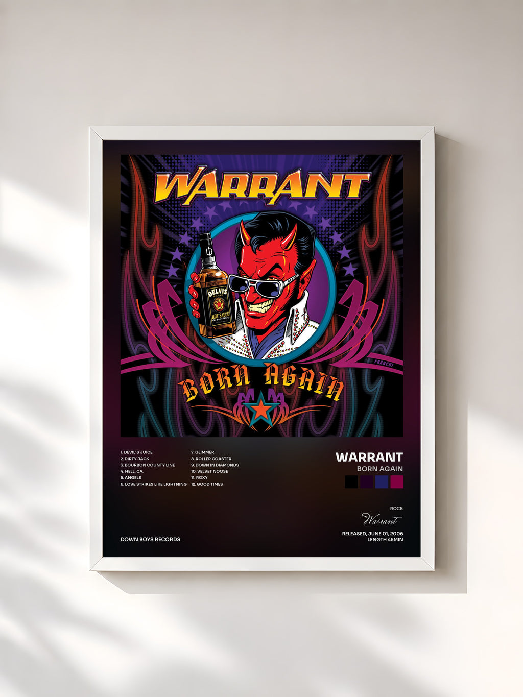 #blanc Tableau de l'album Born Again de Warrant, cadre blanc, imprimé et encadré en France