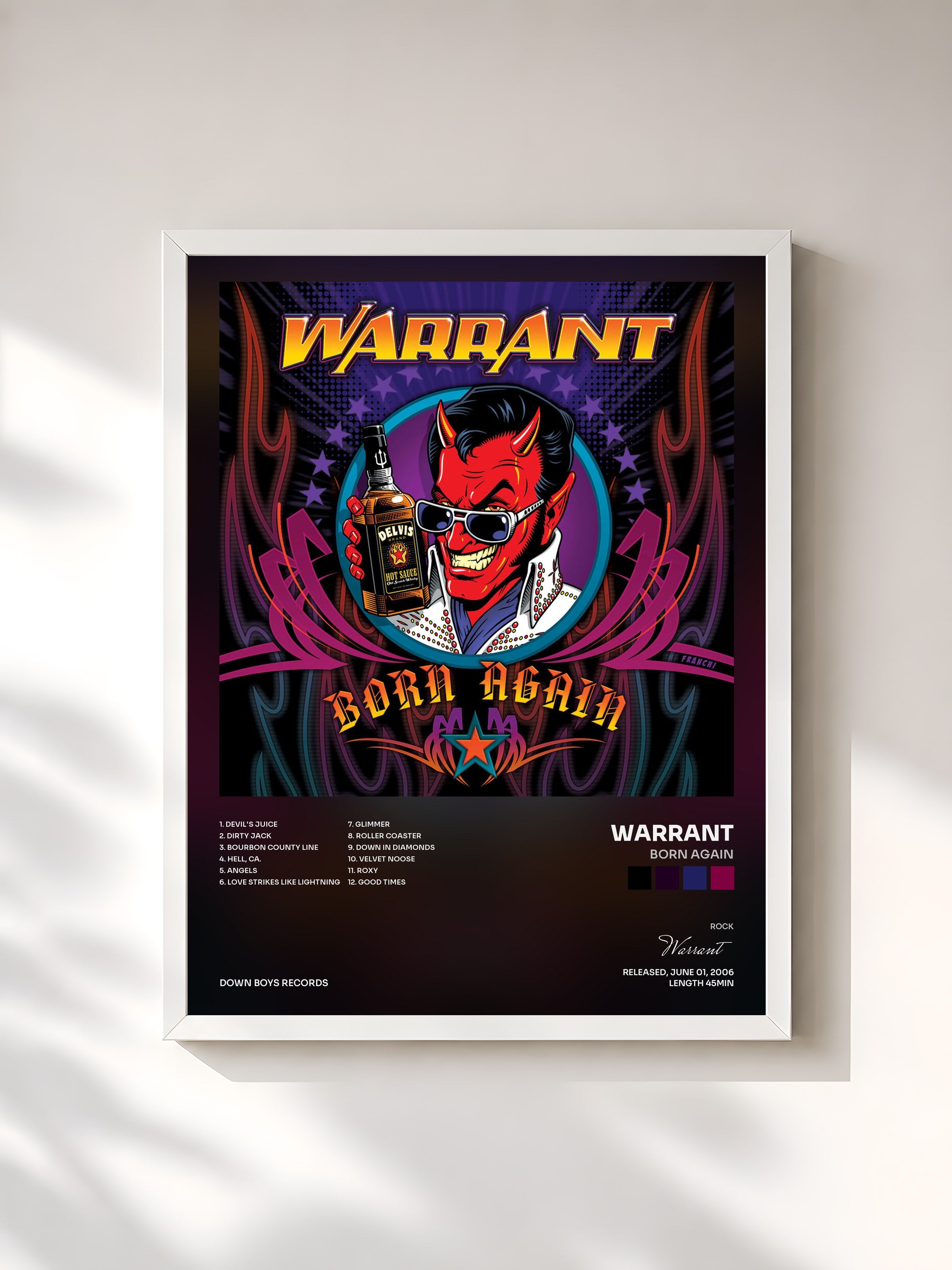 #blanc Tableau de l'album Born Again de Warrant, cadre blanc, imprimé et encadré en France
