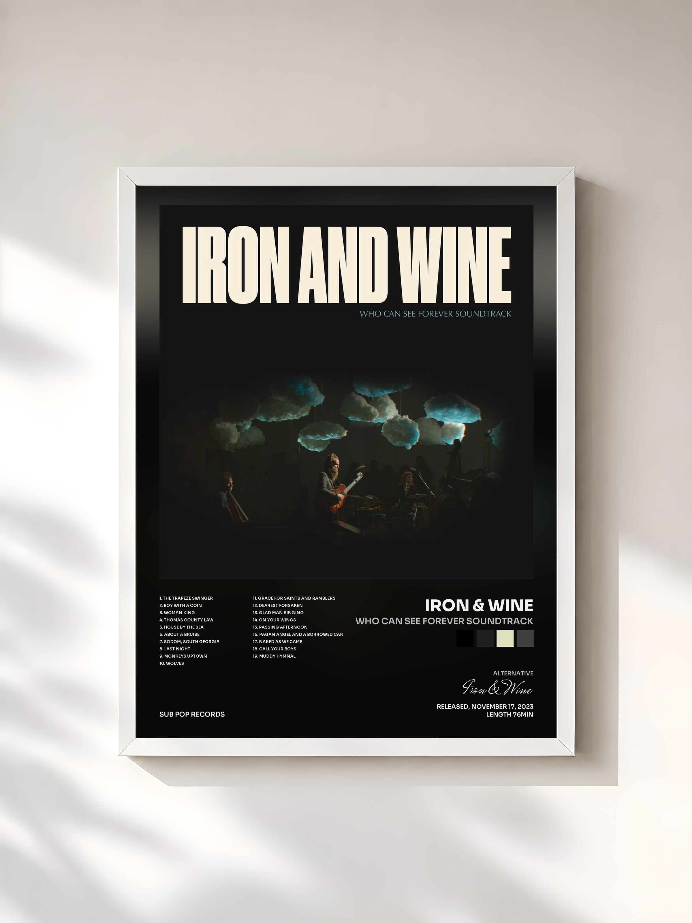 #blanc Tableau de l'album Who Can See Forever Soundtrack de Iron & Wine, cadre blanc, imprimé et encadré en France