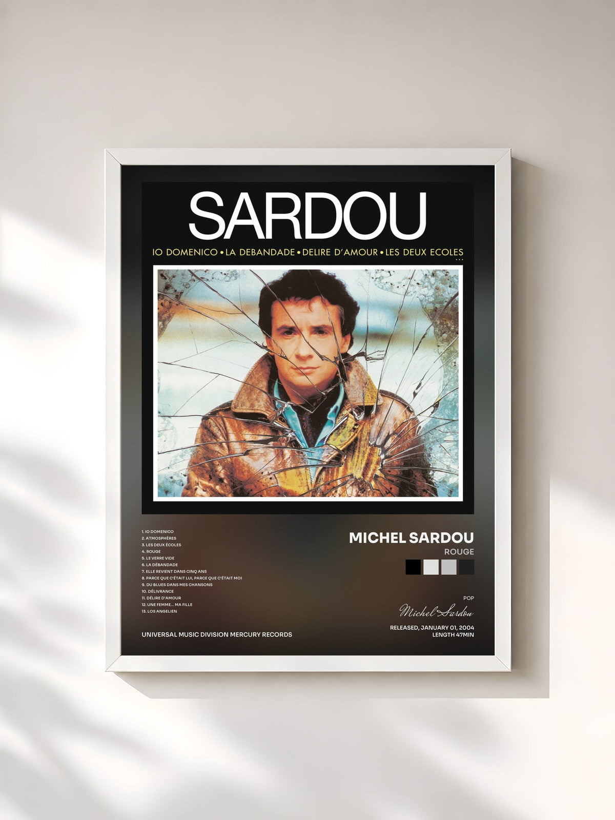 #blanc Tableau de l'album Rouge de Michel Sardou, cadre blanc, imprimé et encadré en France