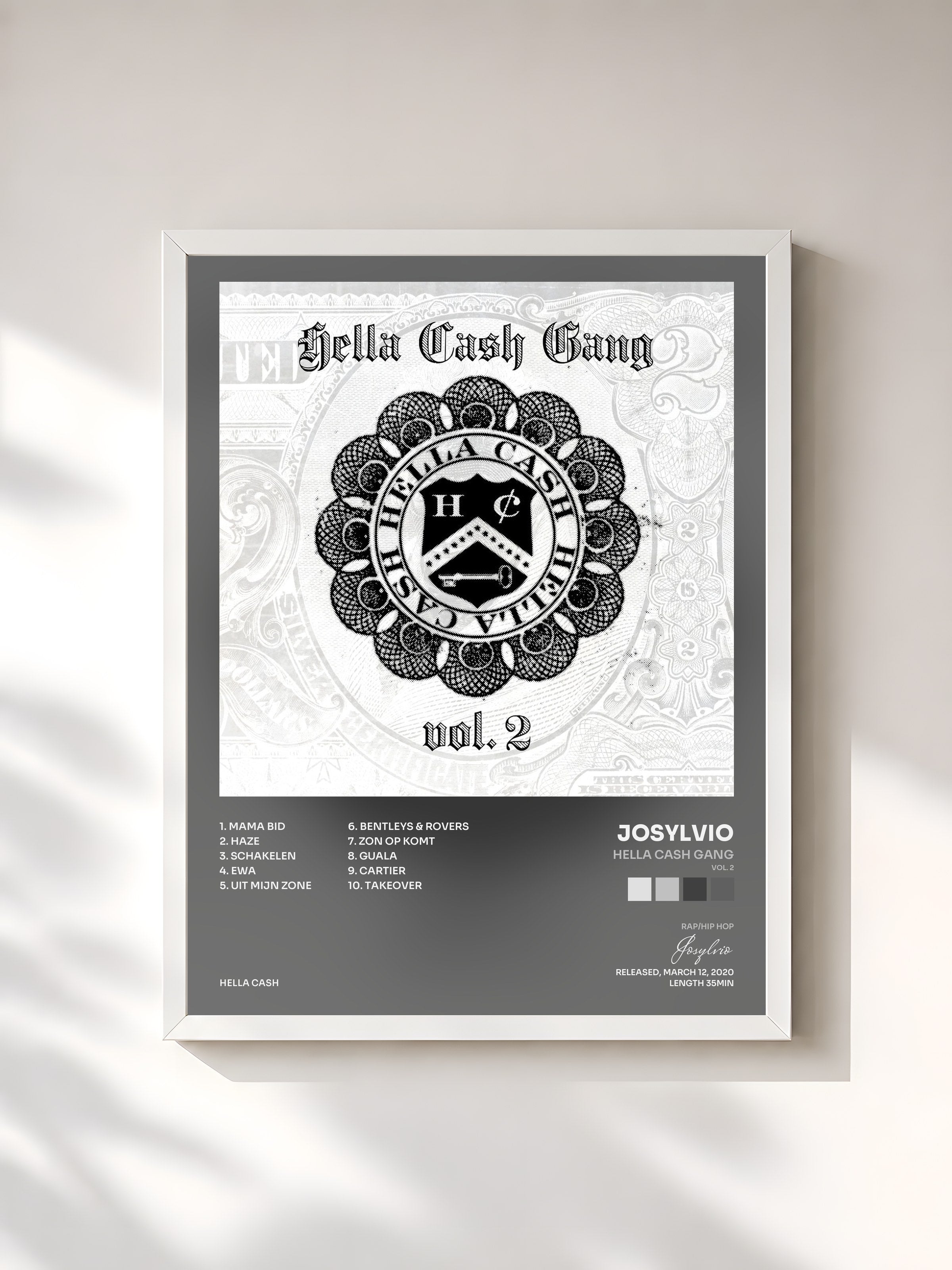 #blanc Tableau de l'album Hella Cash Gang (Vol. 2) de Josylvio, cadre blanc, imprimé et encadré en France
