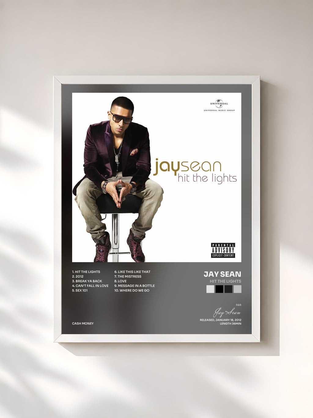 #blanc Tableau de l'album Hit The Lights de Jay Sean, cadre blanc, imprimé et encadré en France
