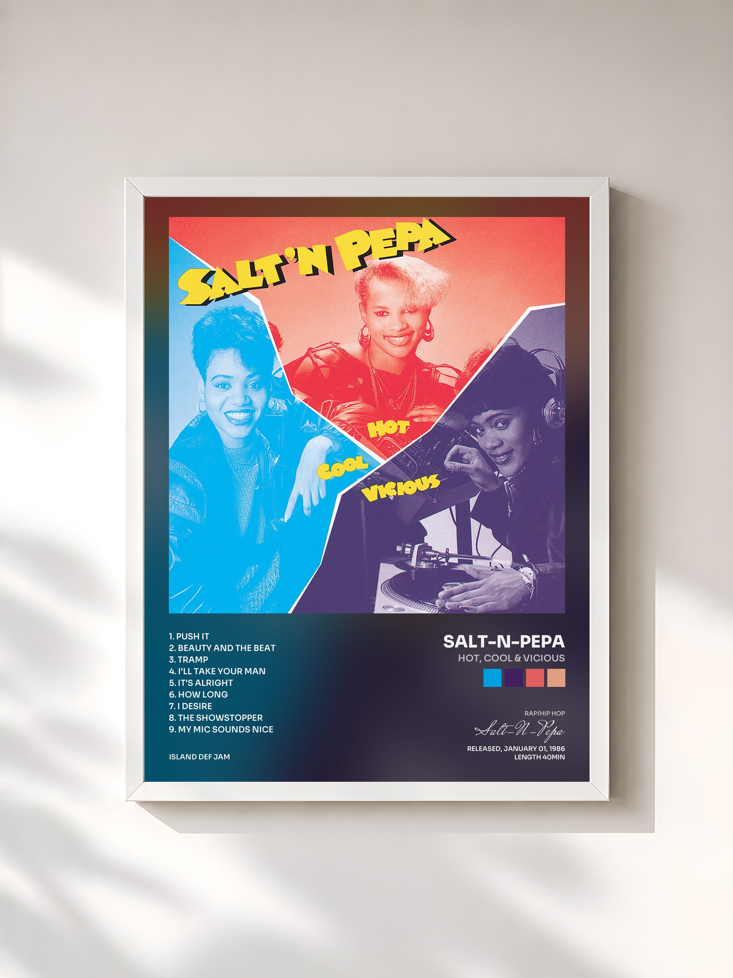 #blanc Tableau de l'album Hot, Cool & Vicious de Salt-N-Pepa, cadre blanc, imprimé et encadré en France