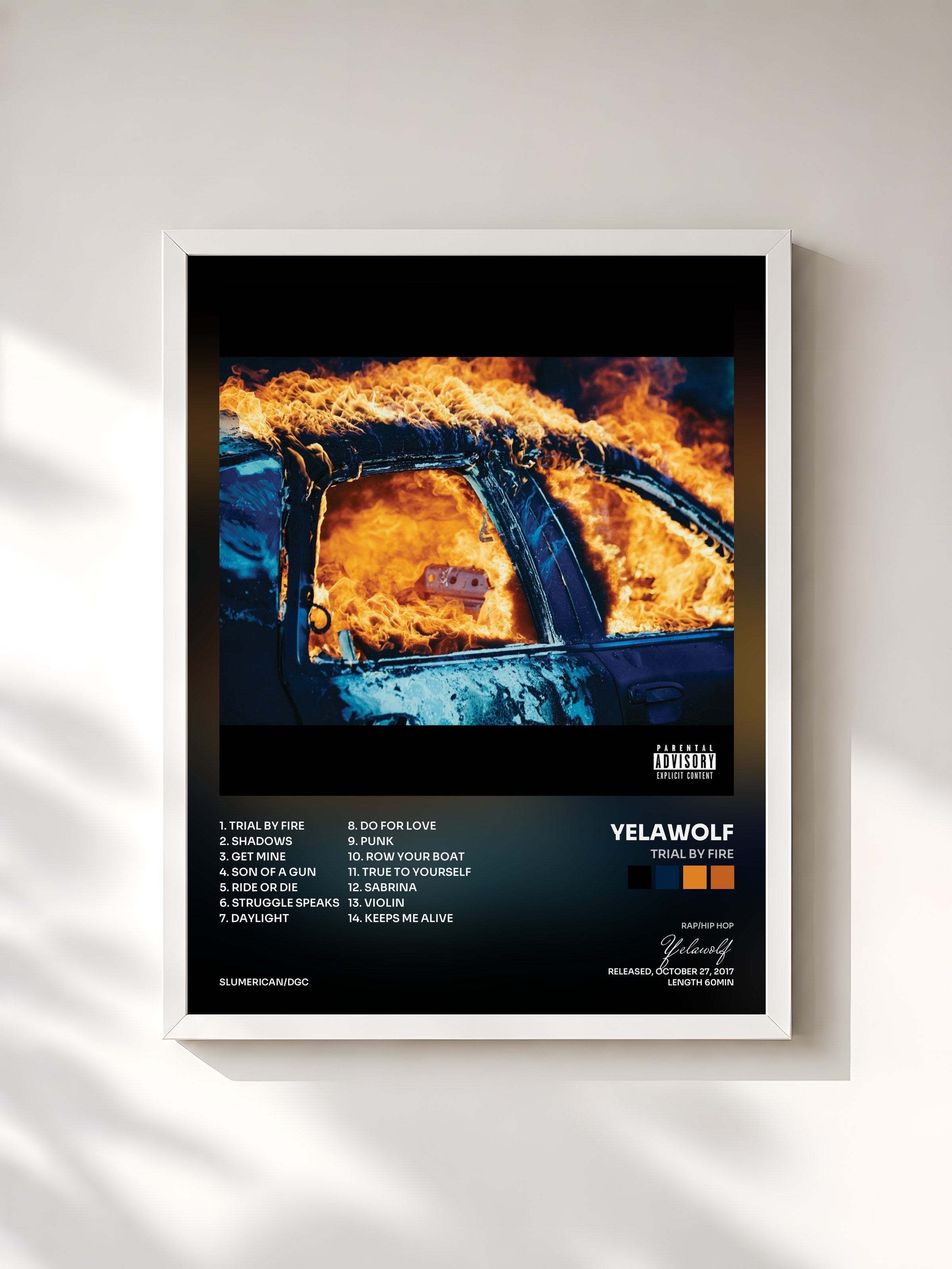 #blanc Tableau de l'album Trial By Fire de Yelawolf, cadre blanc, imprimé et encadré en France