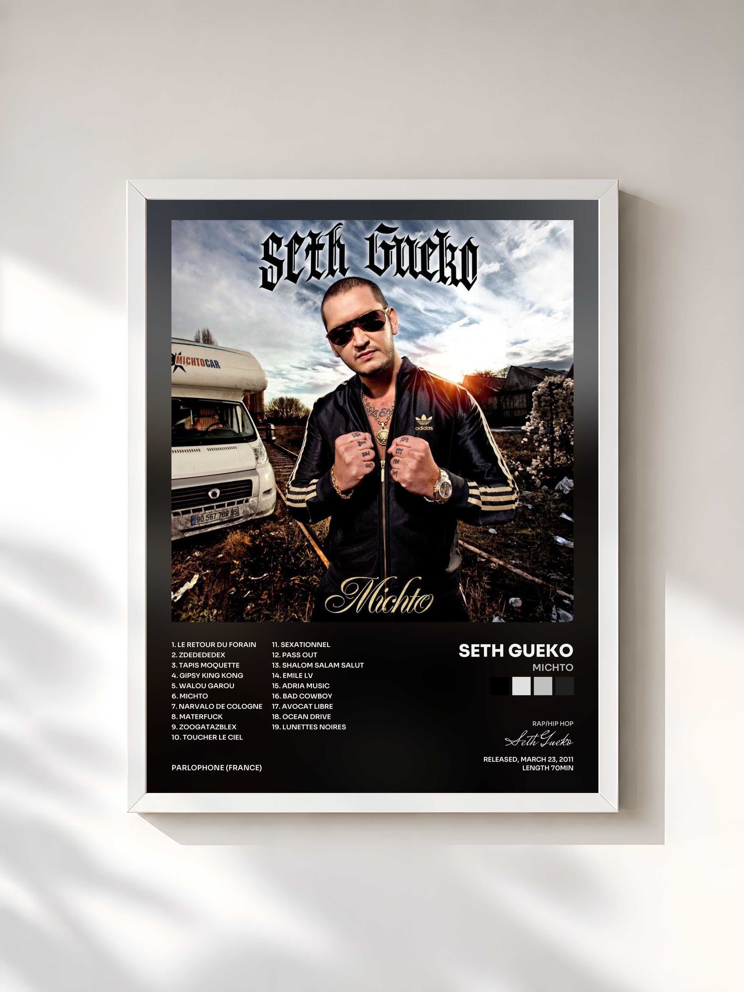 #blanc Tableau de l'album Michto de Seth Gueko, cadre blanc, imprimé et encadré en France