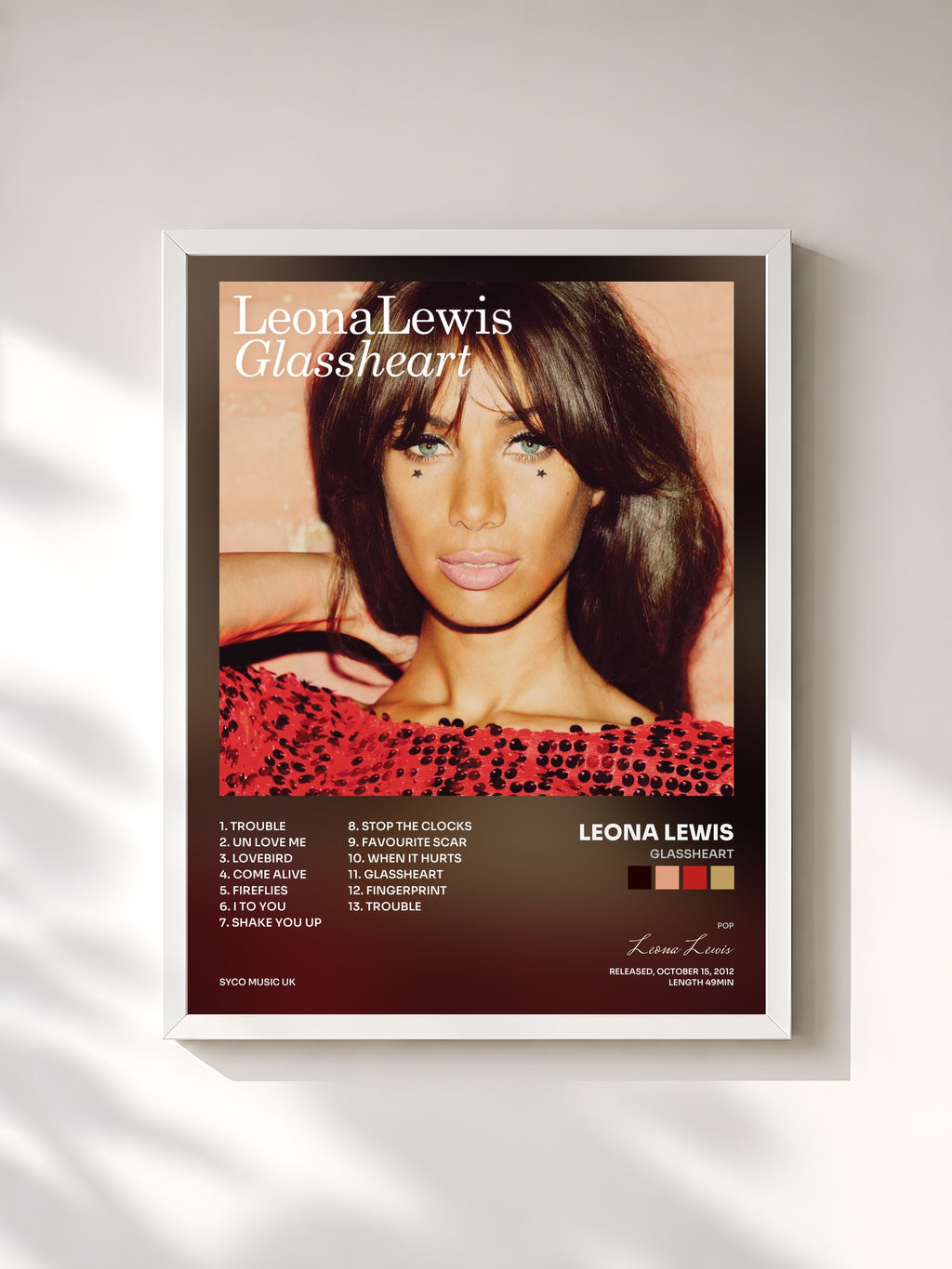 #blanc Tableau de l'album Glassheart de Leona Lewis, cadre blanc, imprimé et encadré en France