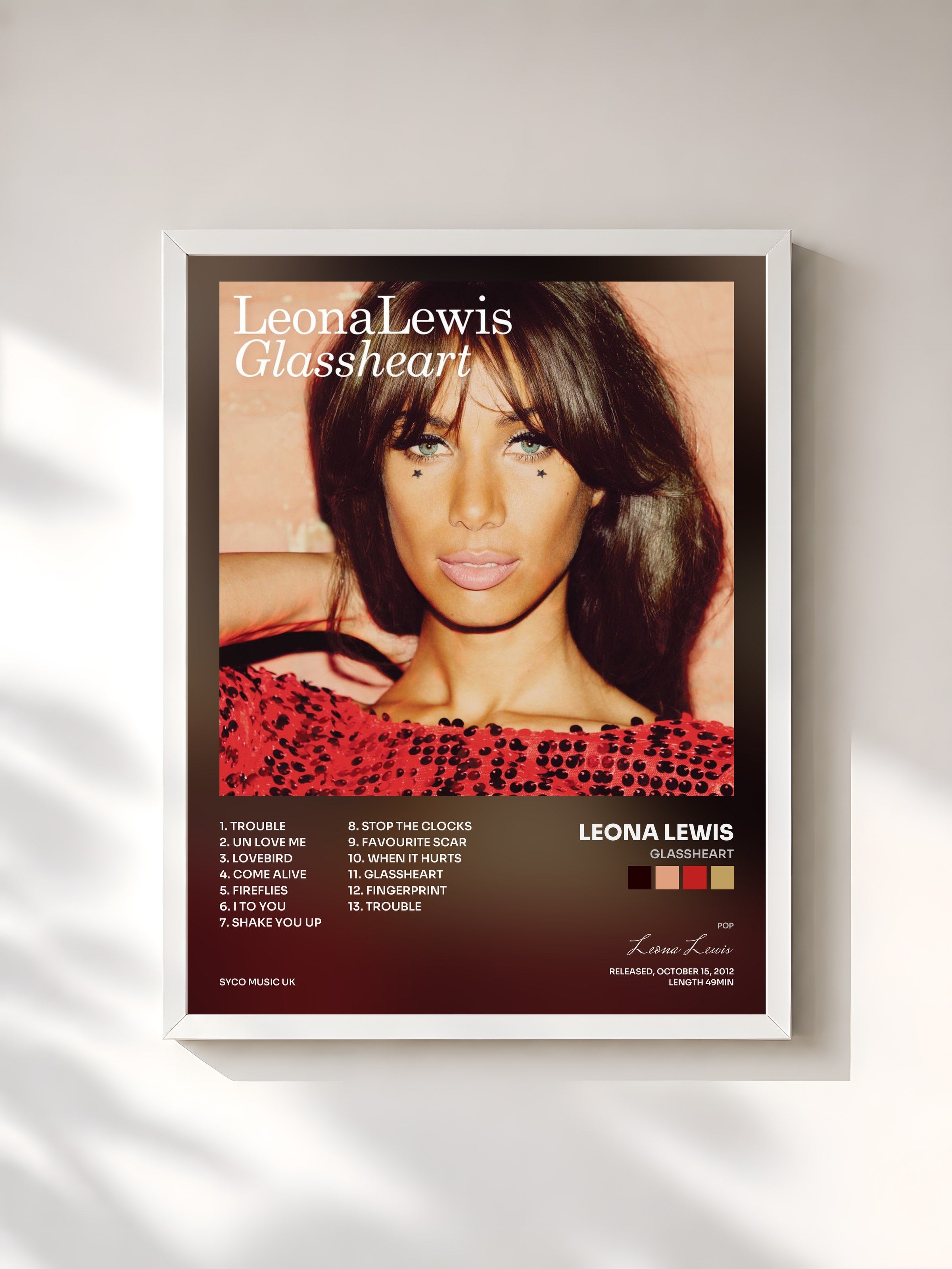 #blanc Tableau de l'album Glassheart de Leona Lewis, cadre blanc, imprimé et encadré en France