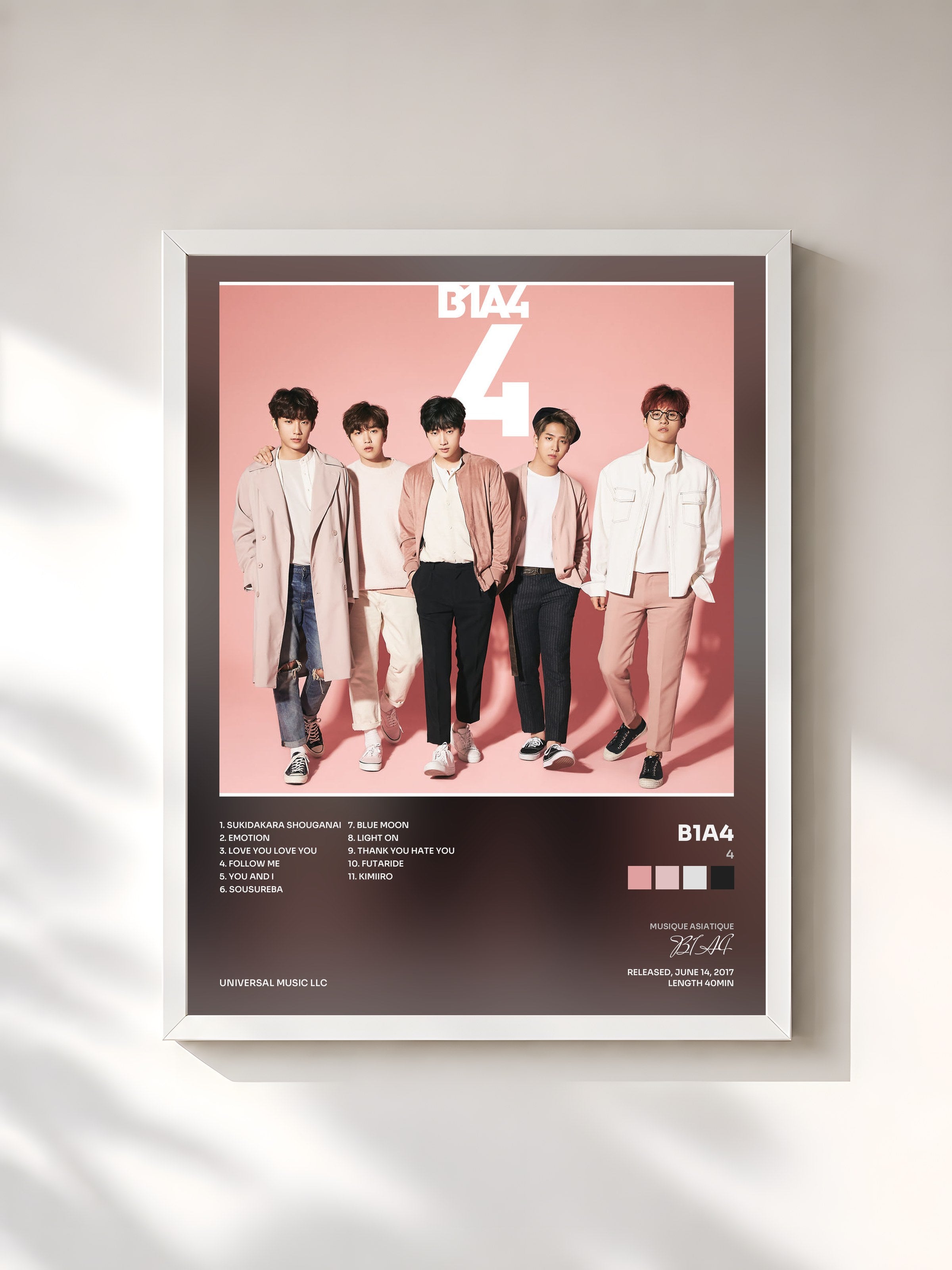 #blanc Tableau de l'album 4 de B1A4, cadre blanc, imprimé et encadré en France