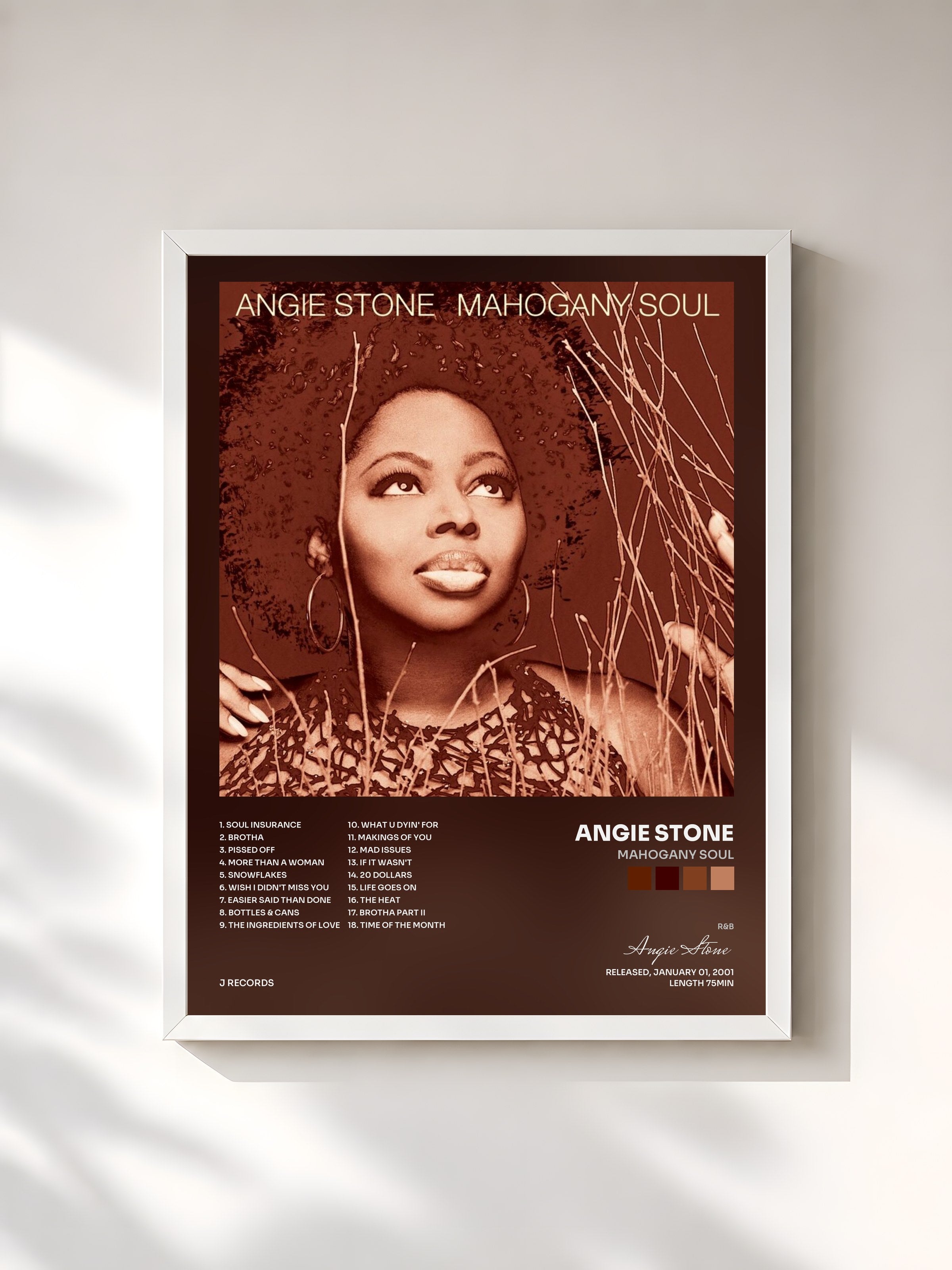 #blanc Tableau de l'album Mahogany Soul de Angie Stone, cadre blanc, imprimé et encadré en France
