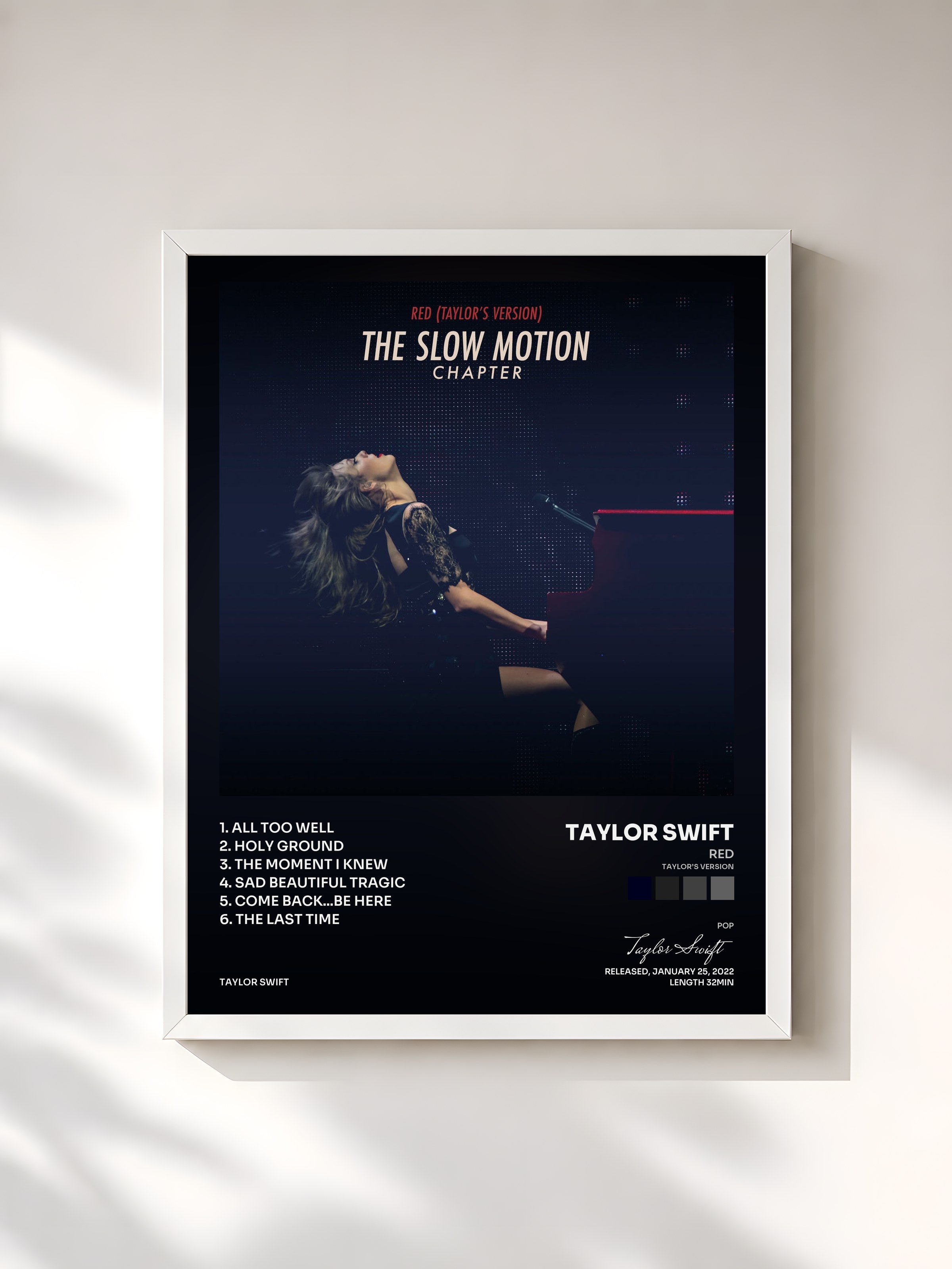#blanc Tableau de l'album Red (Taylor’s Version): The Slow Motion Chapter de Taylor Swift, cadre blanc, imprimé et encadré en France
