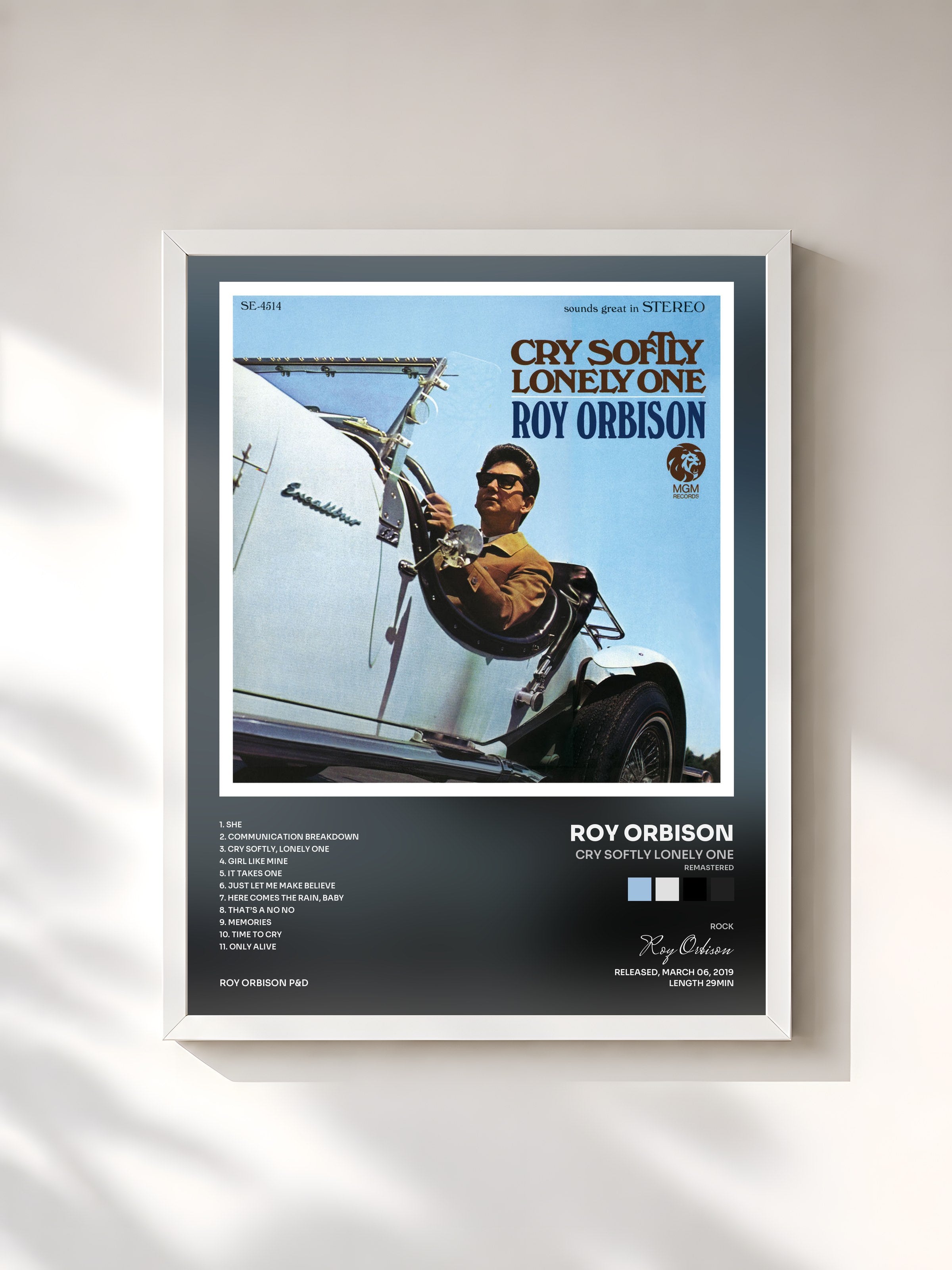 #blanc Tableau de l'album Cry Softly Lonely One (Remastered) de Roy Orbison, cadre blanc, imprimé et encadré en France