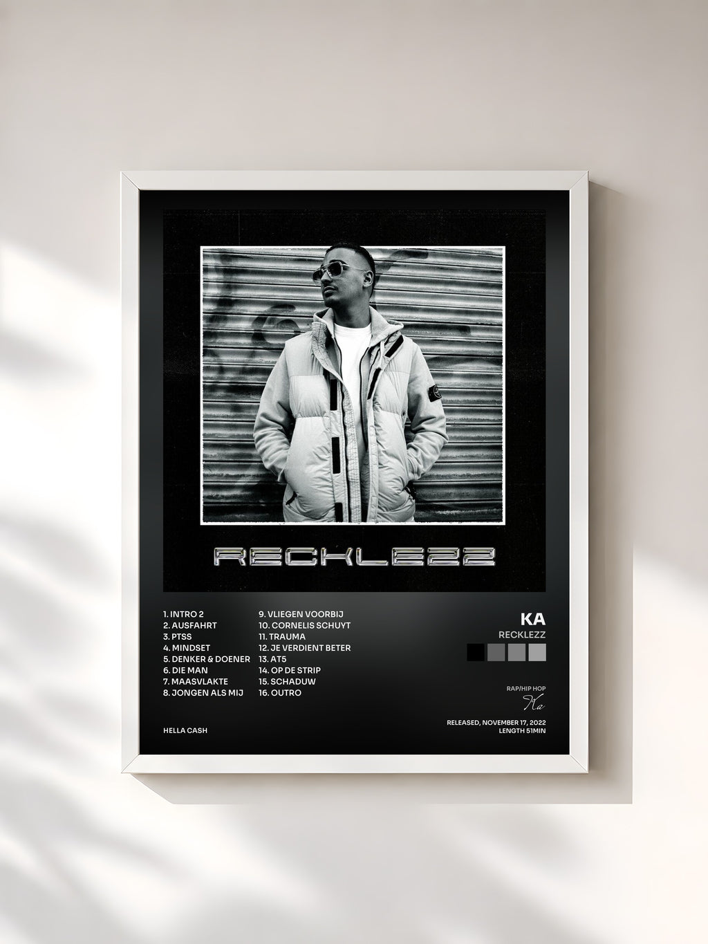 #blanc Tableau de l'album Recklezz de Ka, cadre blanc, imprimé et encadré en France