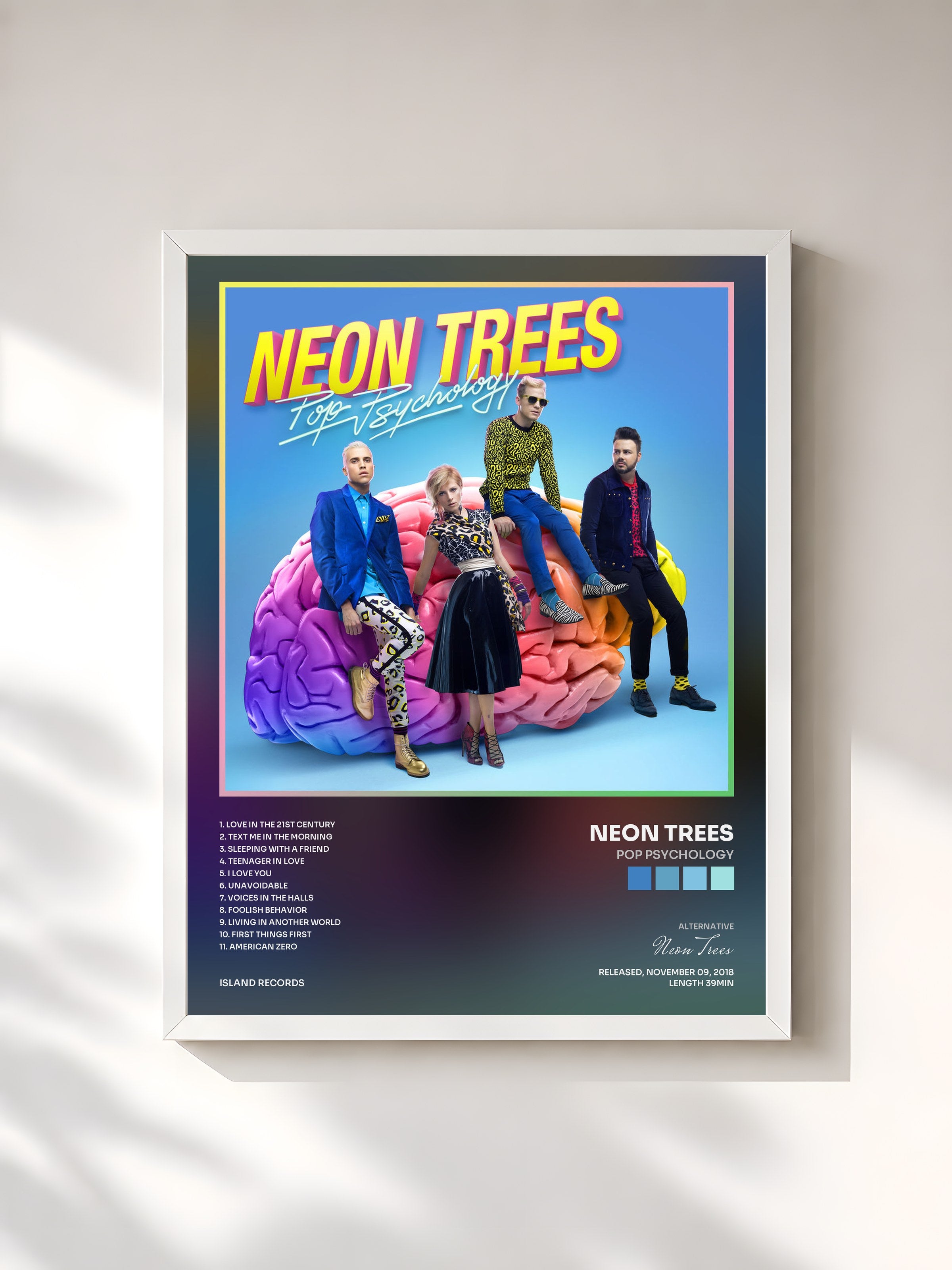 #blanc Tableau de l'album Pop Psychology de Neon Trees, cadre blanc, imprimé et encadré en France