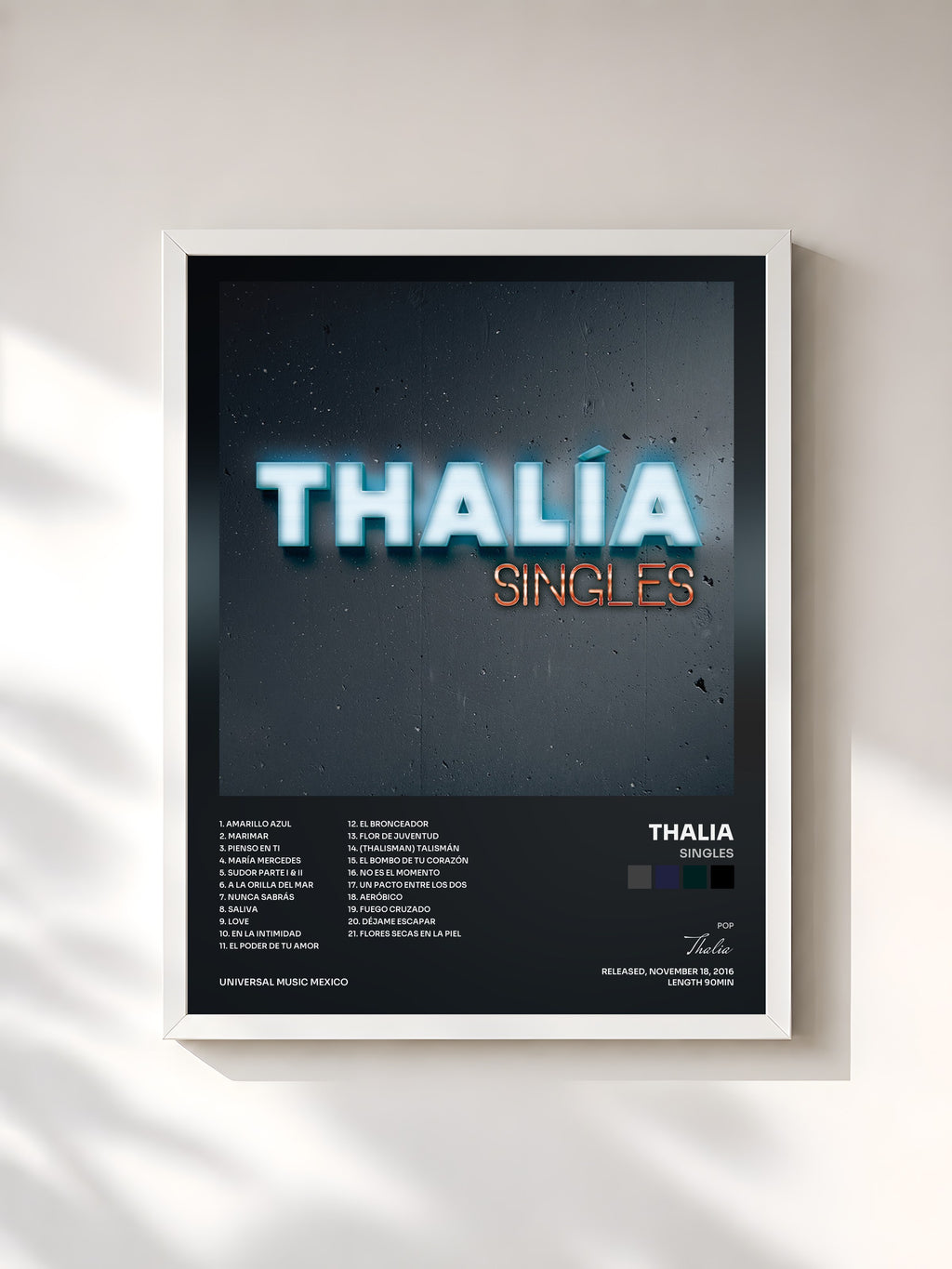 #blanc Tableau de l'album Singles de Thalia, cadre blanc, imprimé et encadré en France