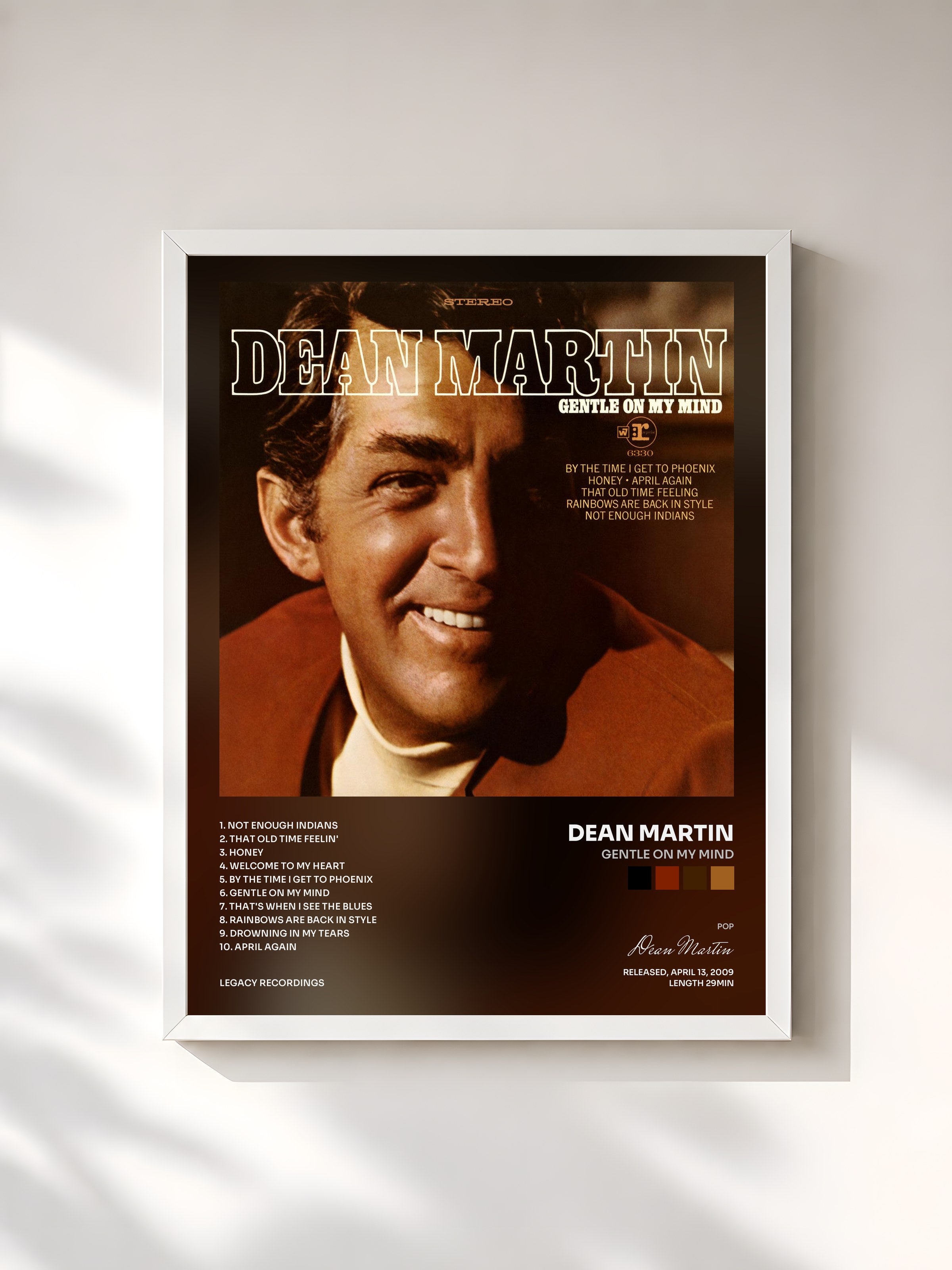 #blanc Tableau de l'album Gentle On My Mind de Dean Martin, cadre blanc, imprimé et encadré en France