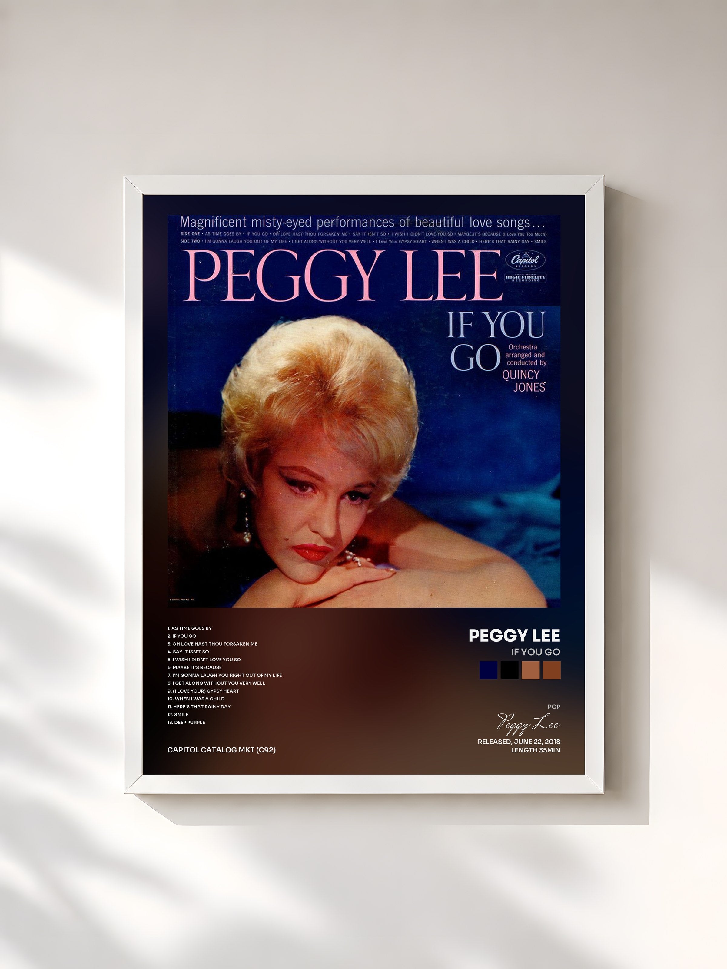 #blanc Tableau de l'album If You Go de Peggy Lee, cadre blanc, imprimé et encadré en France