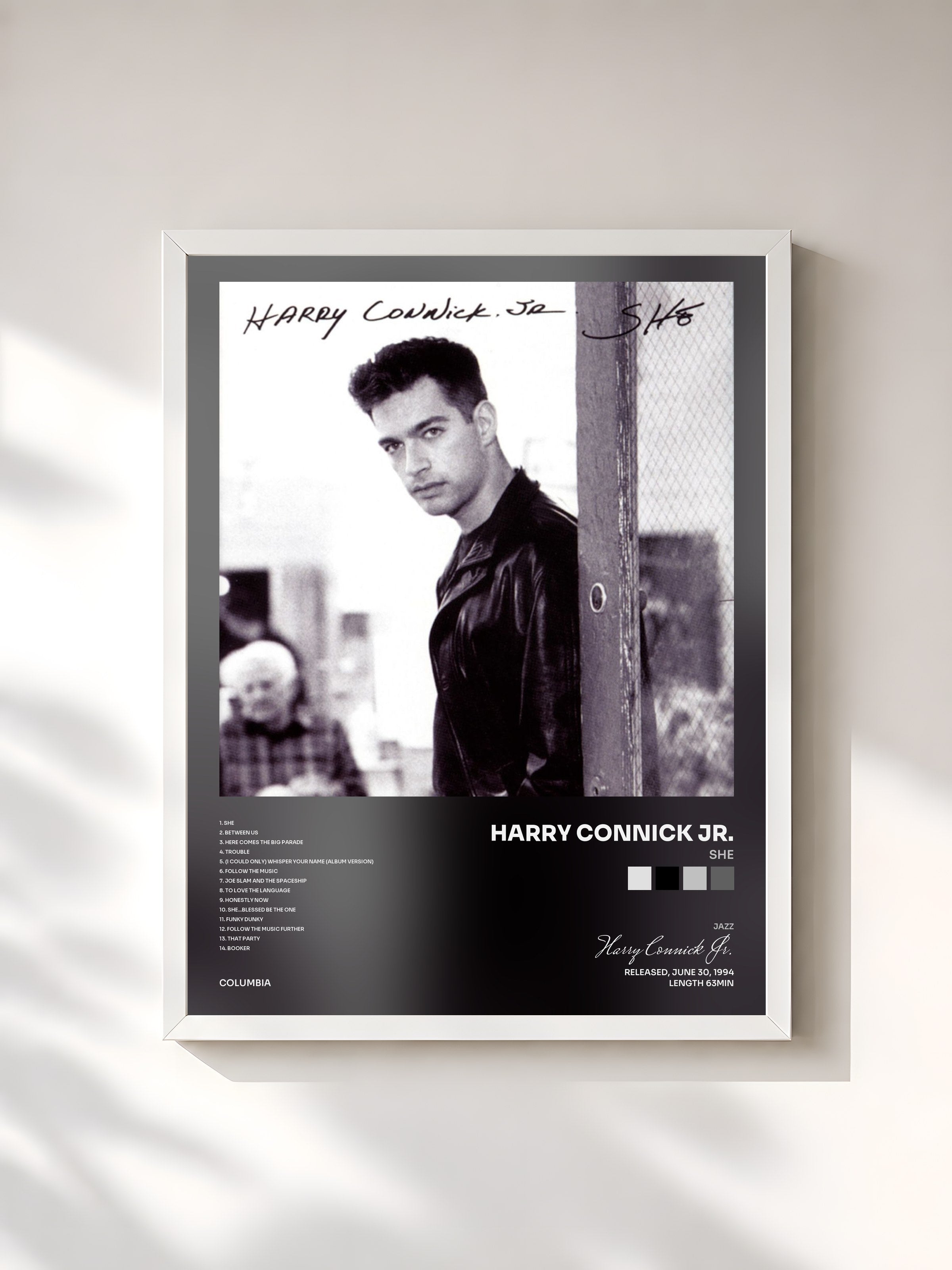 #blanc Tableau de l'album She de Harry Connick Jr., cadre blanc, imprimé et encadré en France