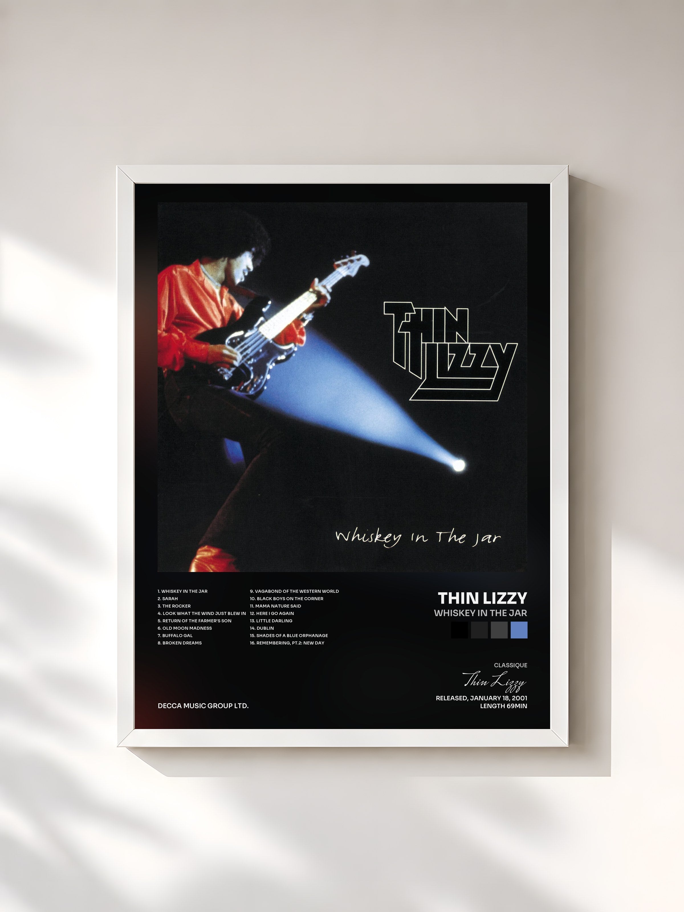 #blanc Tableau de l'album Whiskey In The Jar de Thin Lizzy, cadre blanc, imprimé et encadré en France