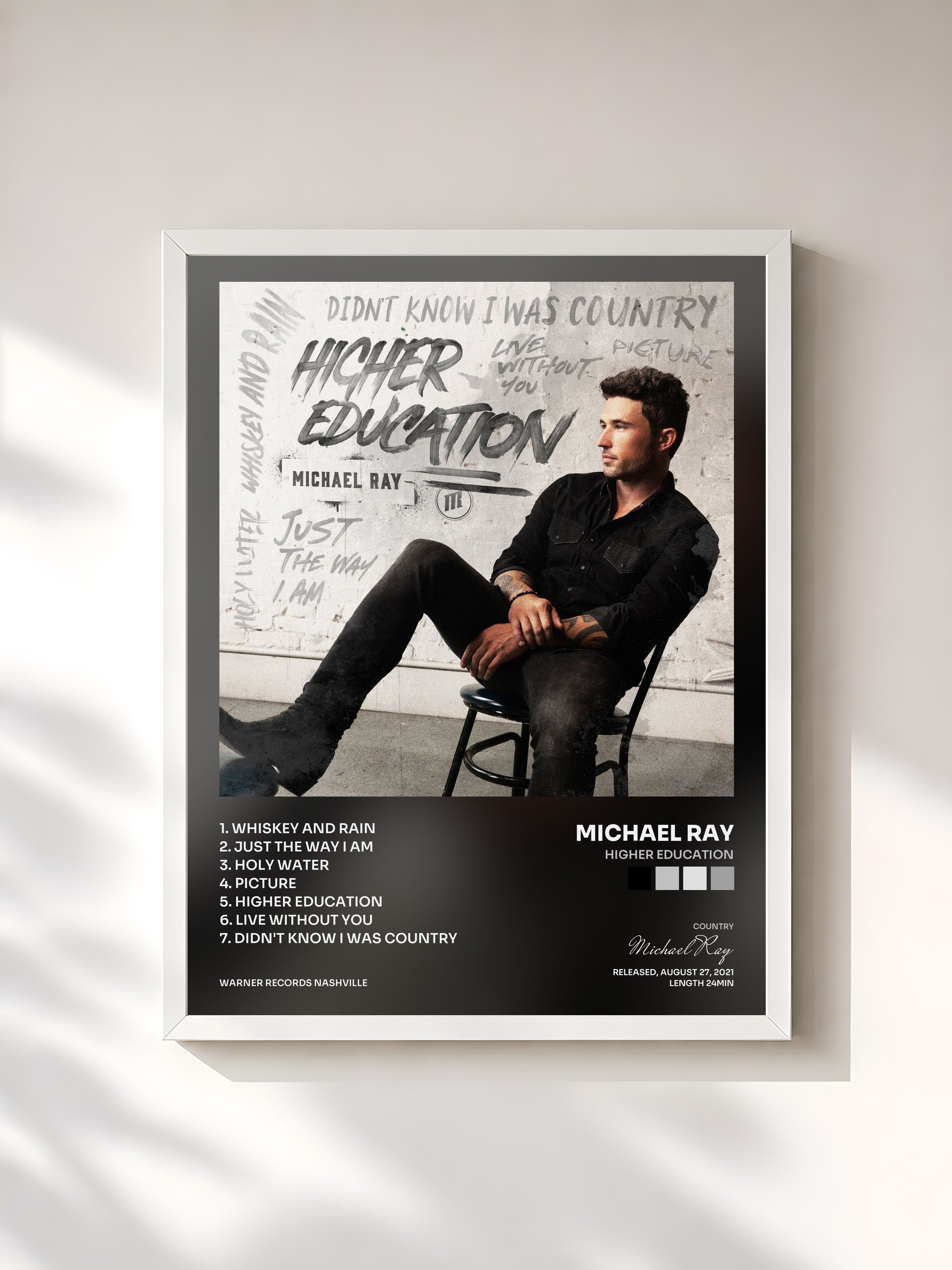 #blanc Tableau de l'album Higher Education de Michael Ray, cadre blanc, imprimé et encadré en France