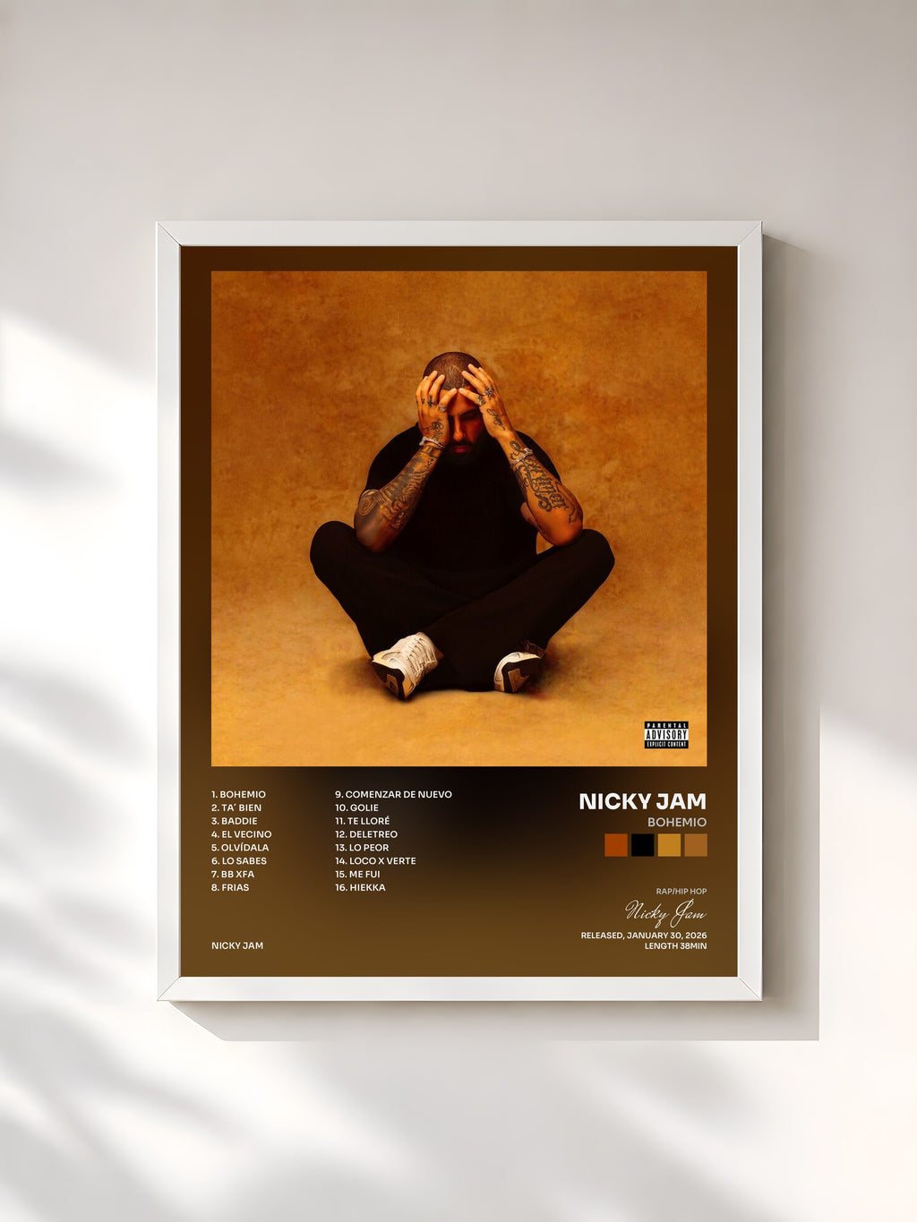#blanc Tableau de l'album Bohemio de Nicky Jam, cadre blanc, imprimé et encadré en France