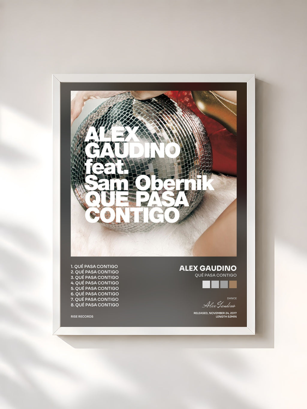 #blanc Tableau de l'album Qué Pasa Contigo de Alex Gaudino, cadre blanc, imprimé et encadré en France
