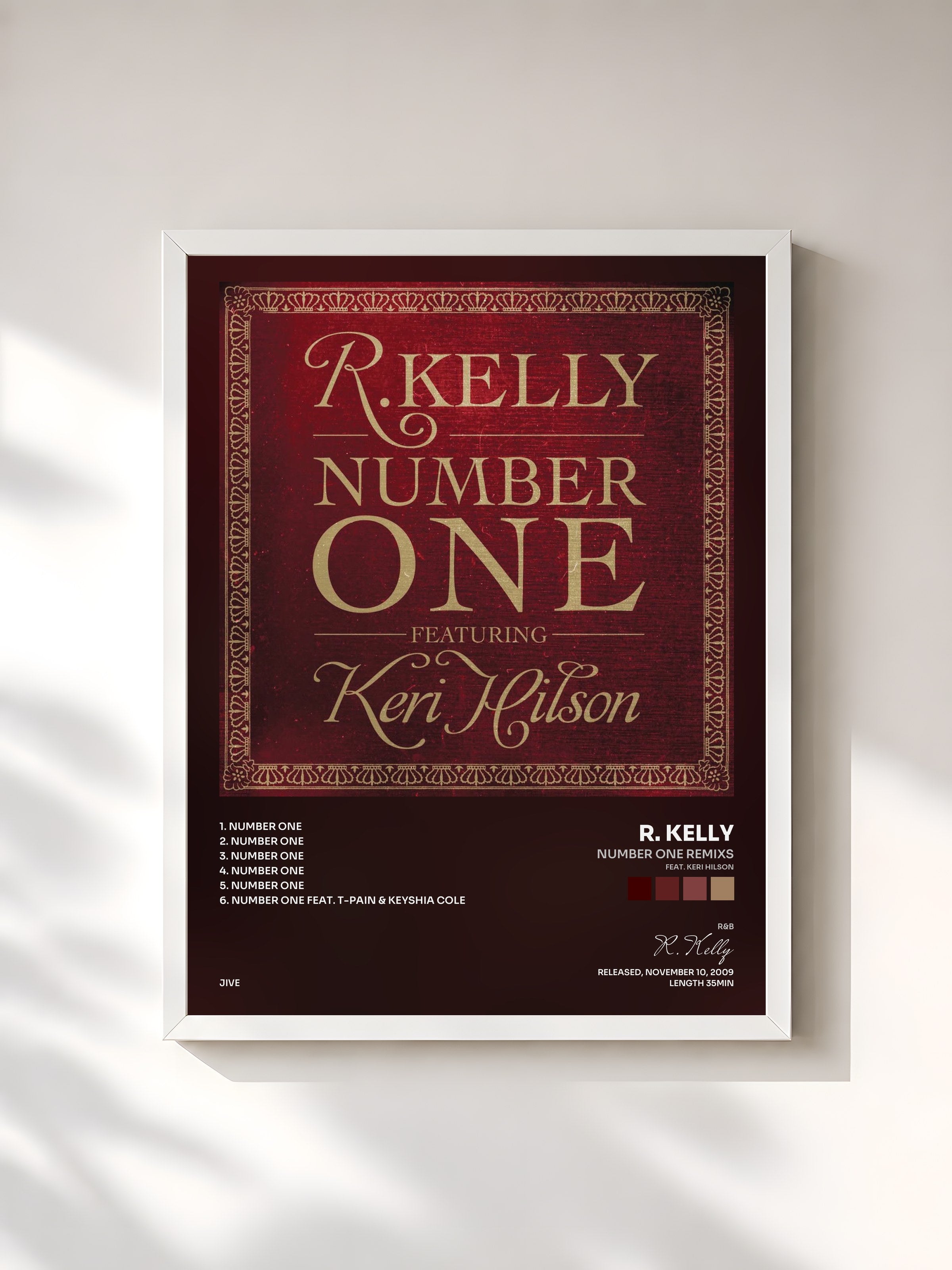 #blanc Tableau de l'album Number One Remixs (feat. Keri Hilson) de R. Kelly, cadre blanc, imprimé et encadré en France
