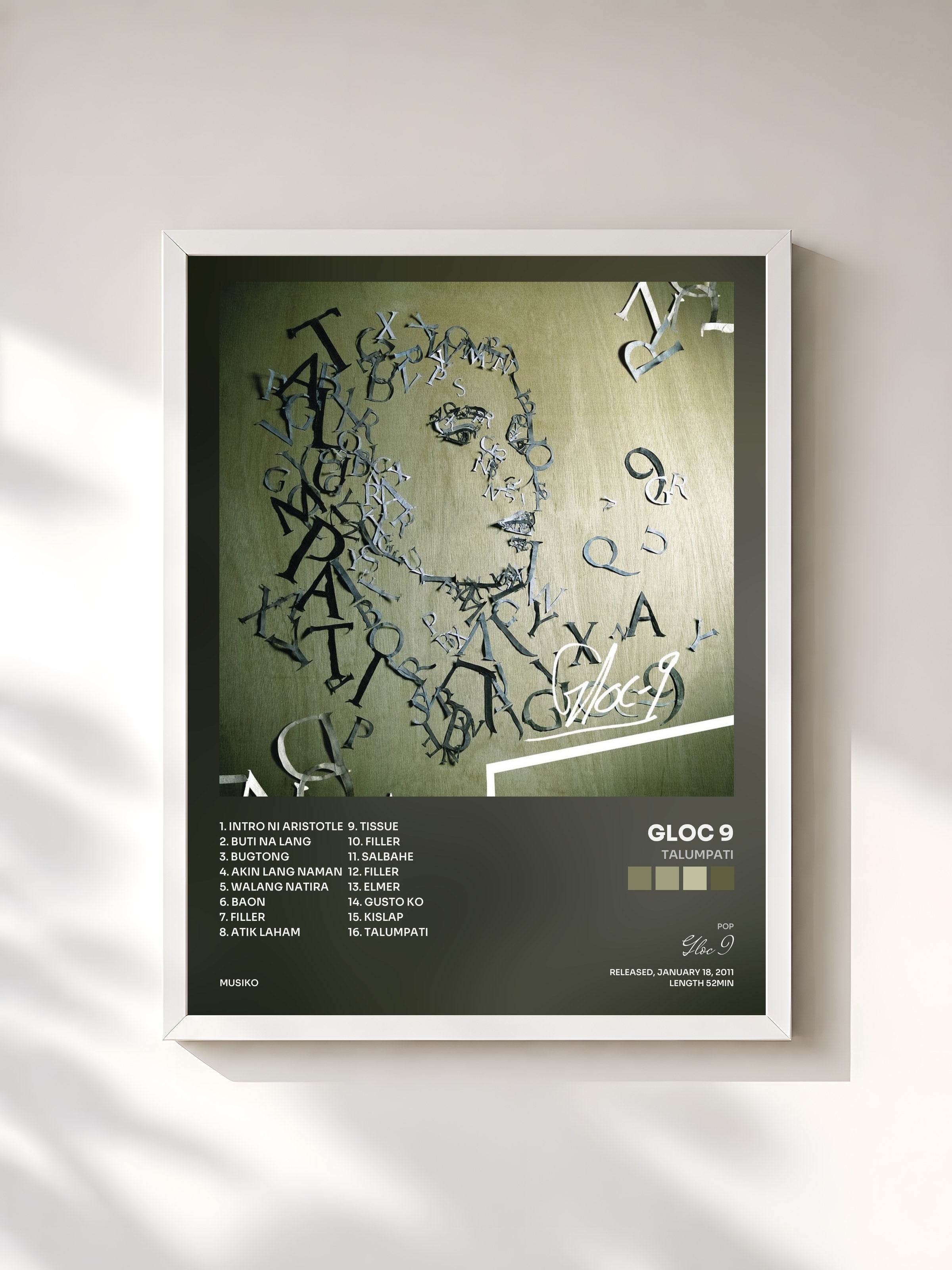 #blanc Tableau de l'album Talumpati de Gloc 9, cadre blanc, imprimé et encadré en France