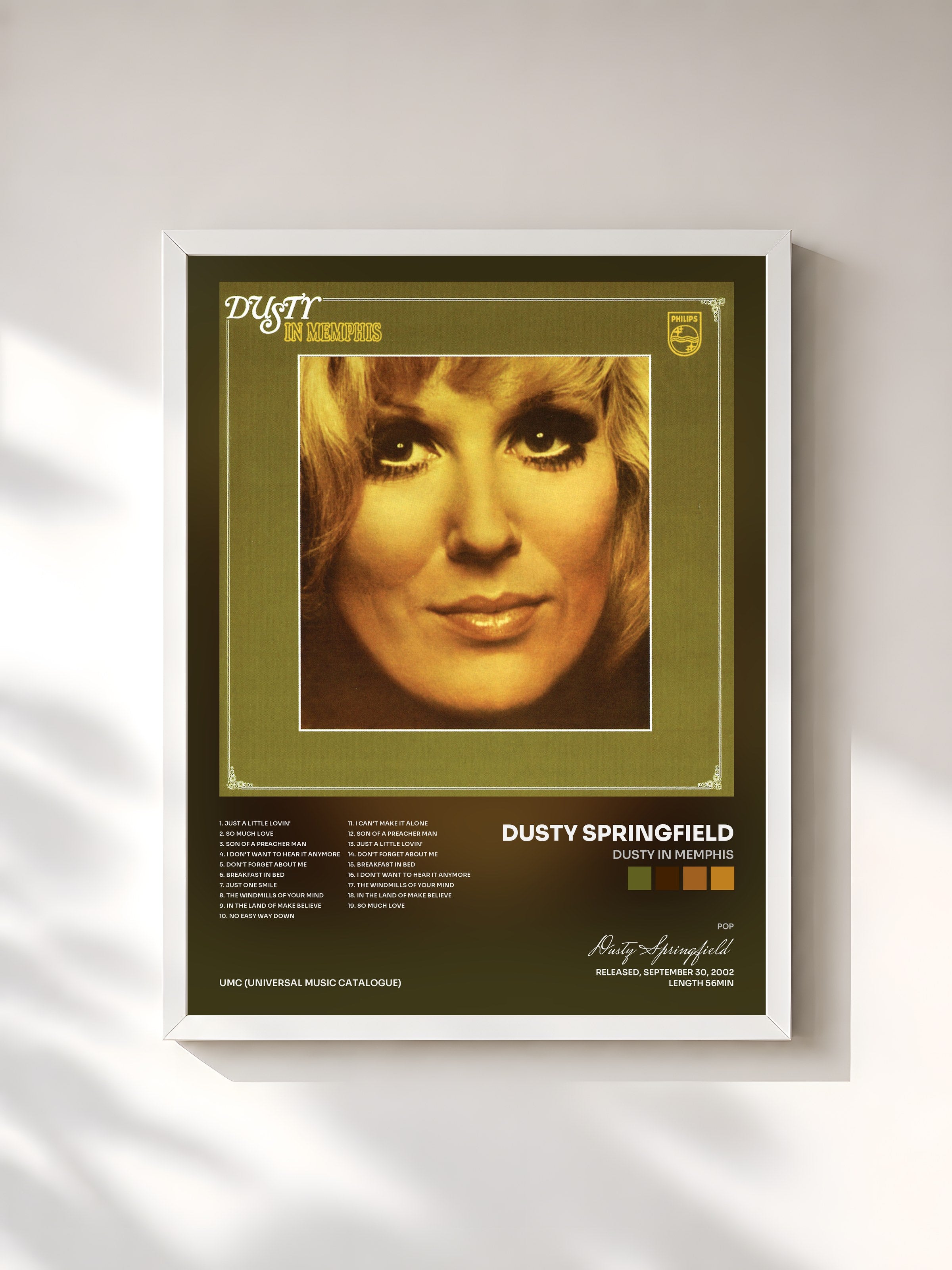 #blanc Tableau de l'album Dusty In Memphis de Dusty Springfield, cadre blanc, imprimé et encadré en France