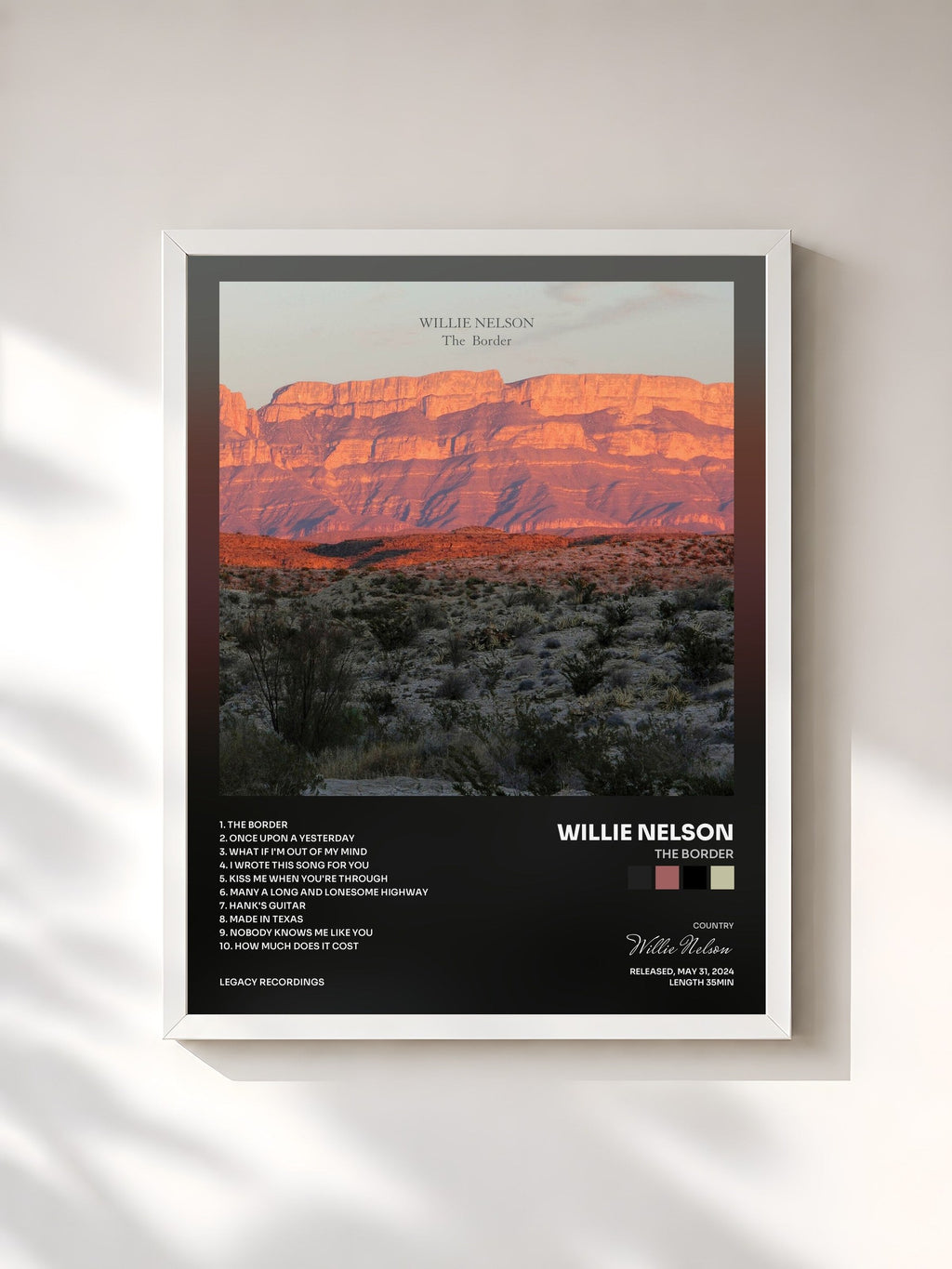 #blanc Tableau de l'album The Border de Willie Nelson, cadre blanc, imprimé et encadré en France