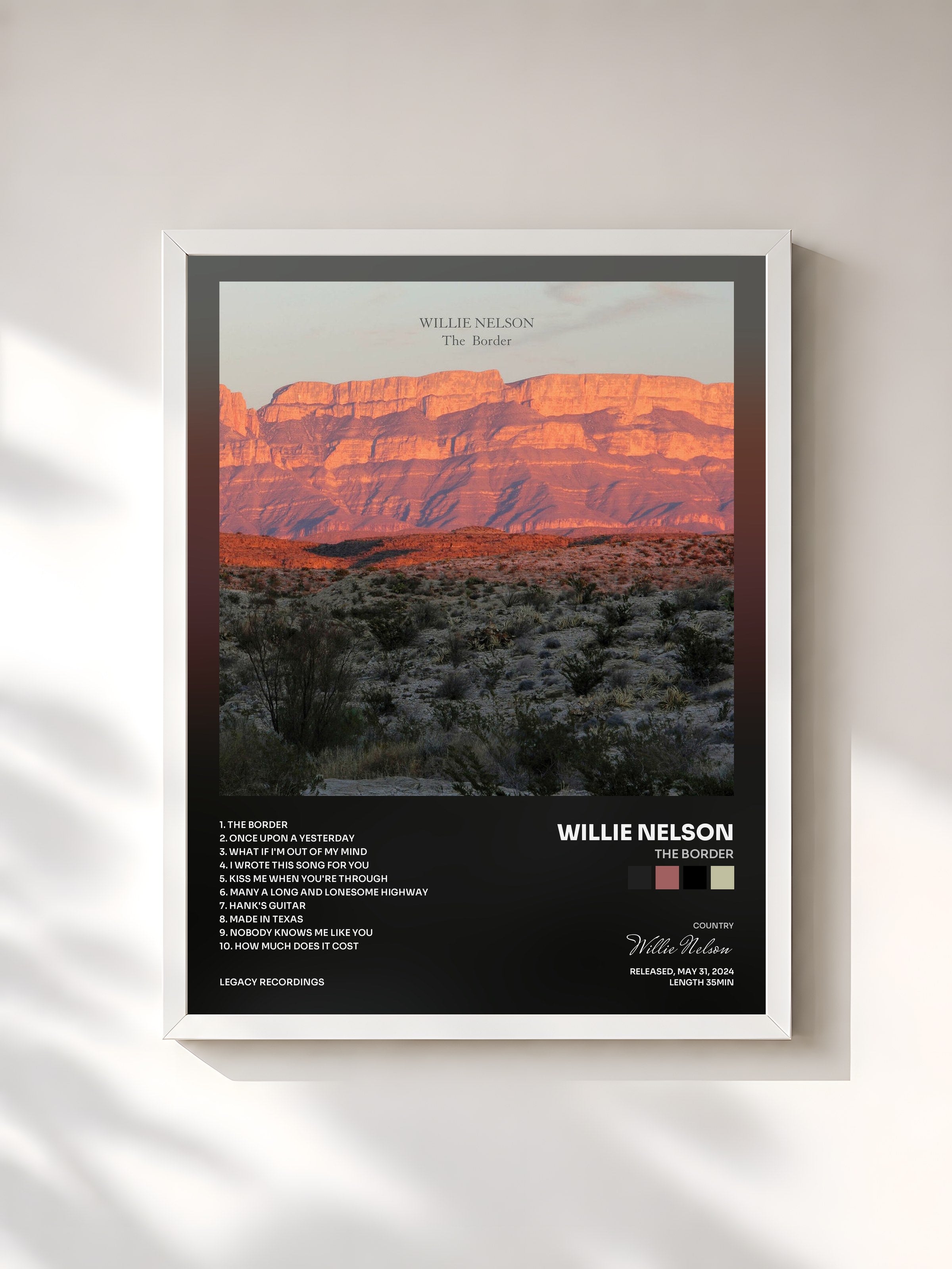#blanc Tableau de l'album The Border de Willie Nelson, cadre blanc, imprimé et encadré en France