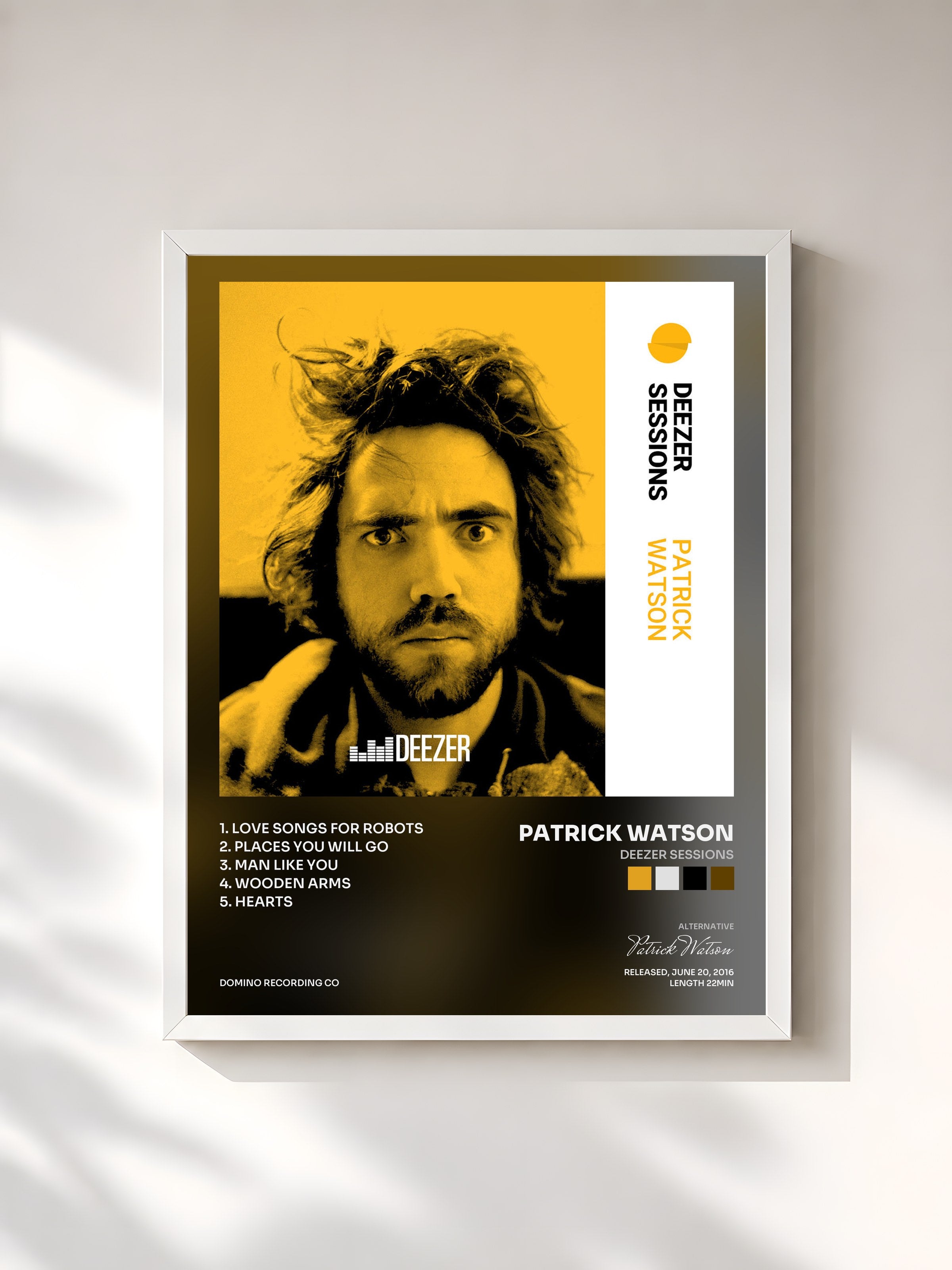 #blanc Tableau de l'album Deezer Sessions de Patrick Watson, cadre blanc, imprimé et encadré en France