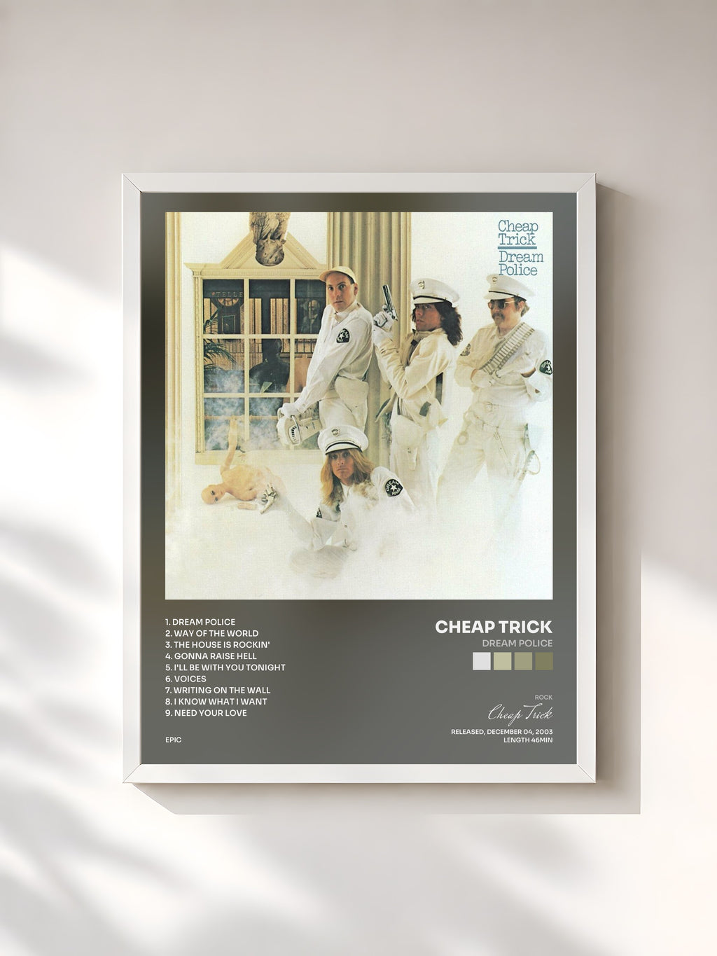 #blanc Tableau de l'album Dream Police de Cheap Trick, cadre blanc, imprimé et encadré en France