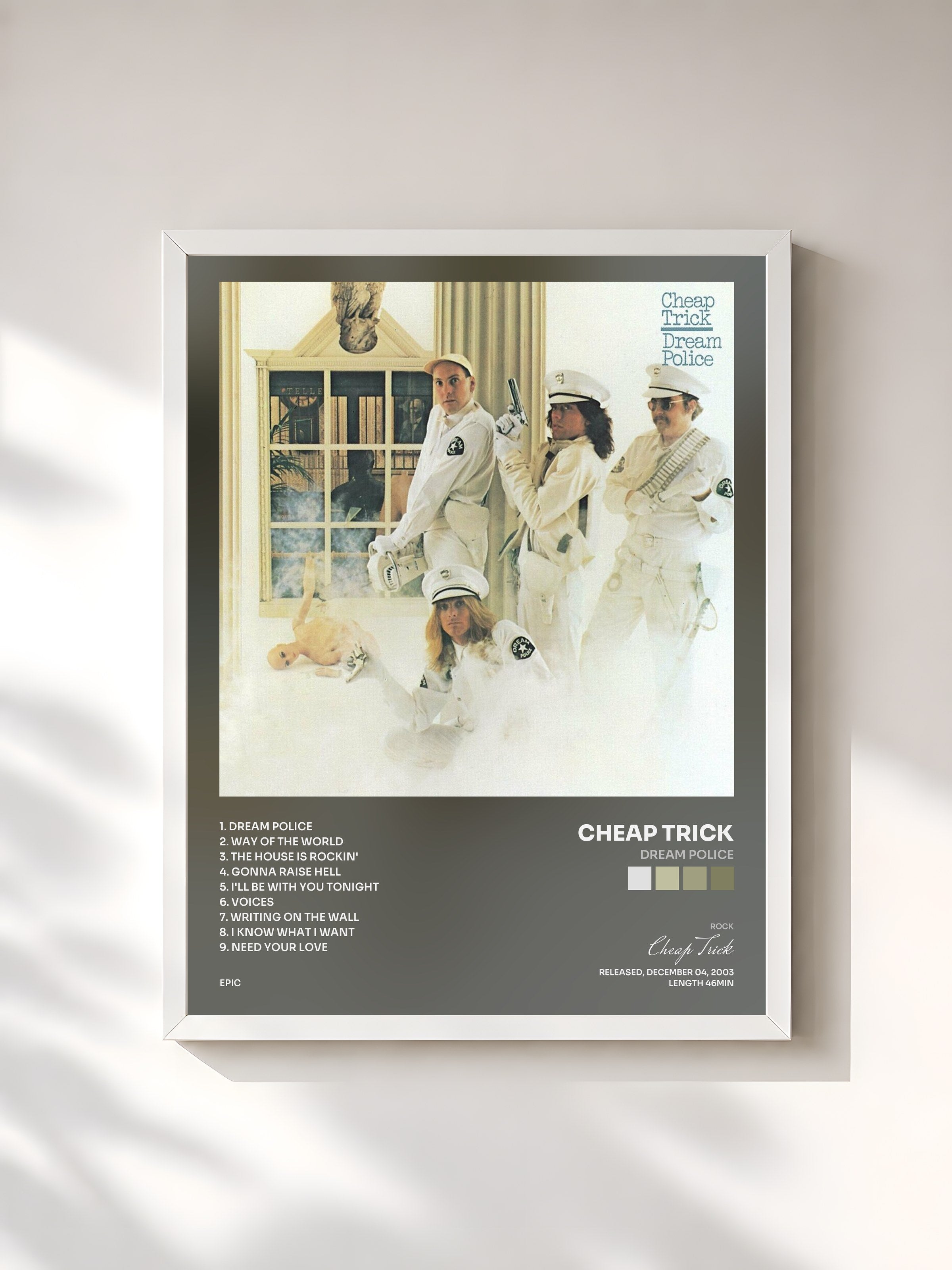 #blanc Tableau de l'album Dream Police de Cheap Trick, cadre blanc, imprimé et encadré en France
