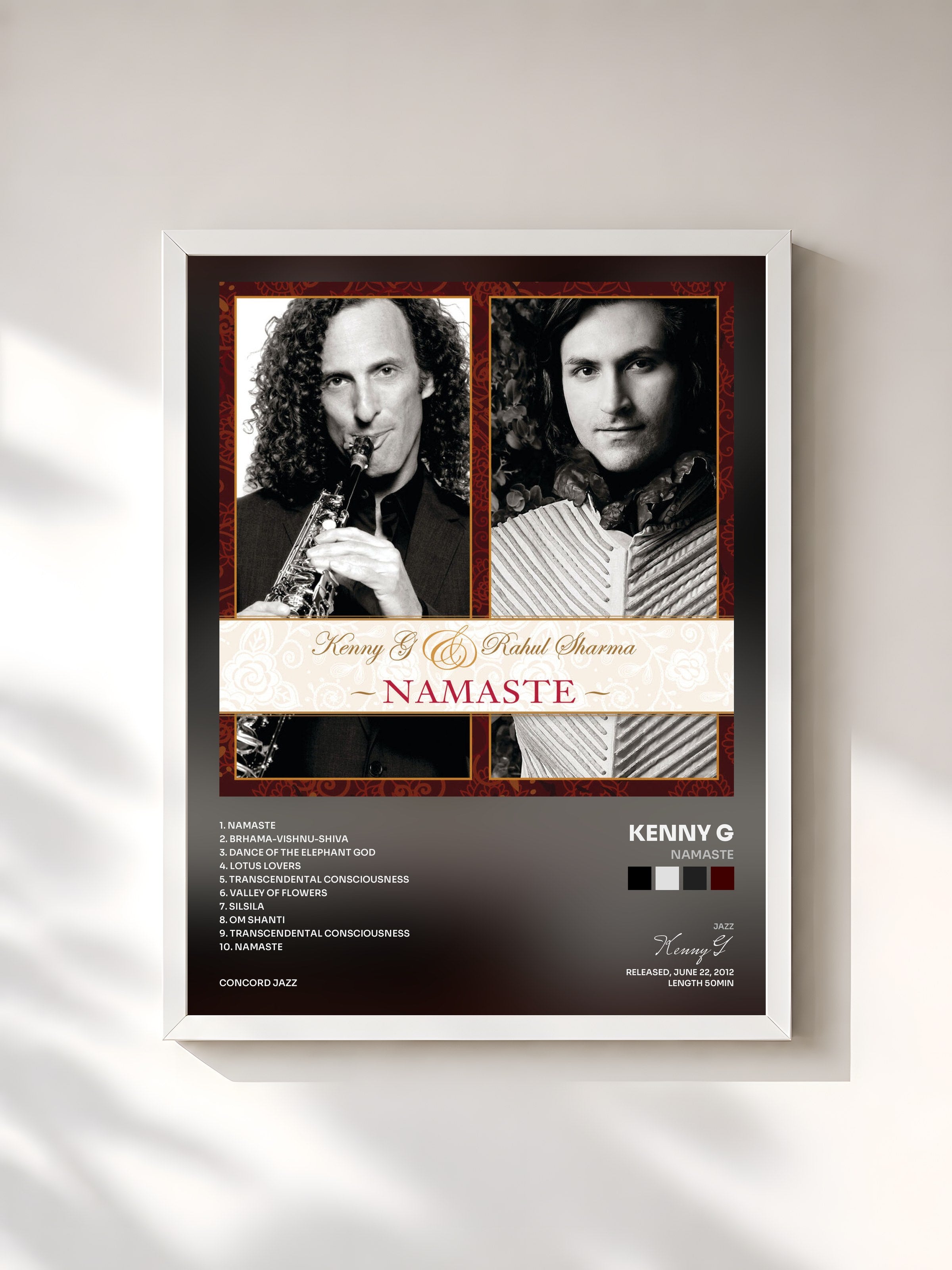 #blanc Tableau de l'album Namaste de Kenny G, cadre blanc, imprimé et encadré en France