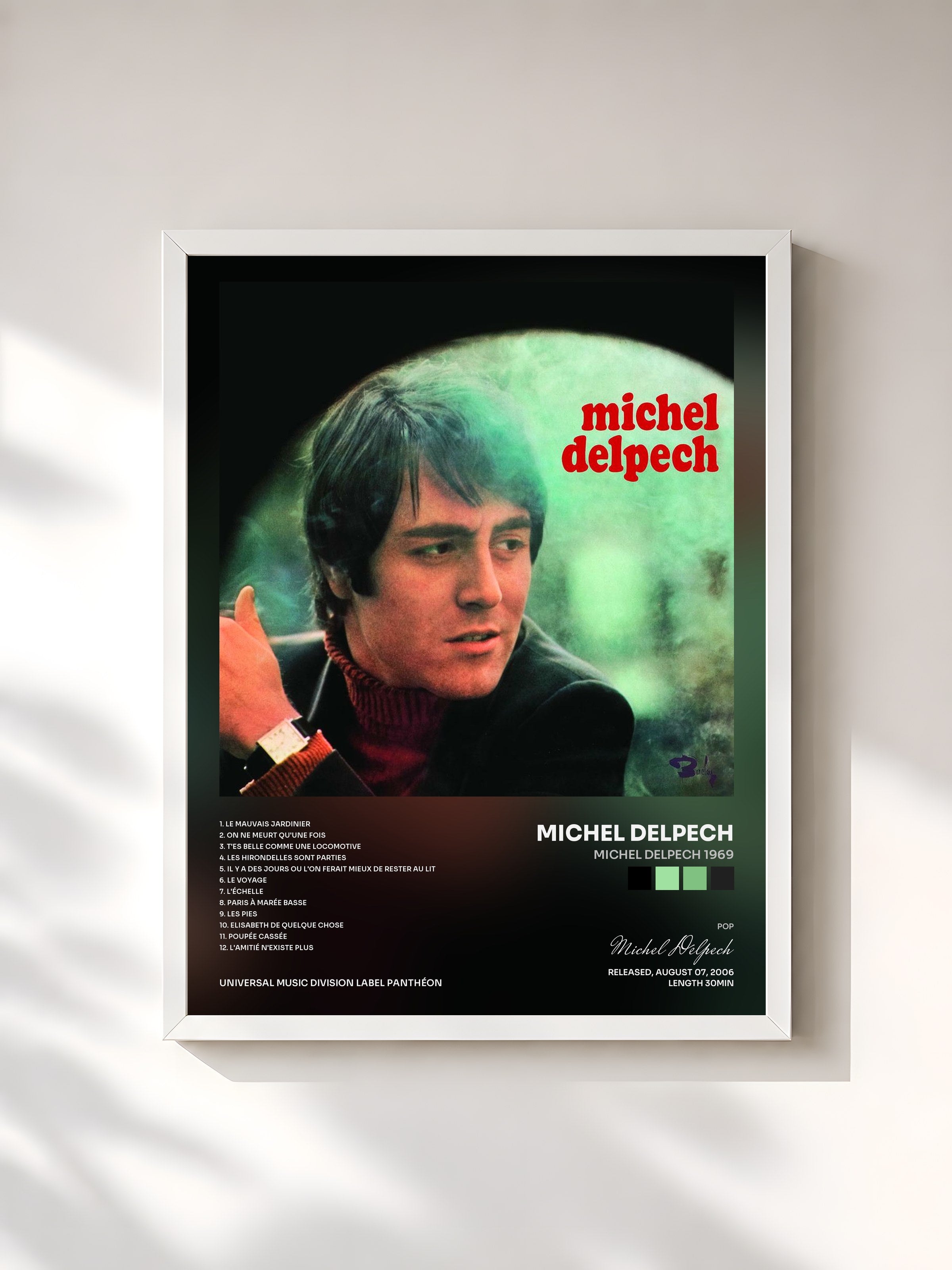 #blanc Tableau de l'album Michel Delpech 1969 de Michel Delpech, cadre blanc, imprimé et encadré en France