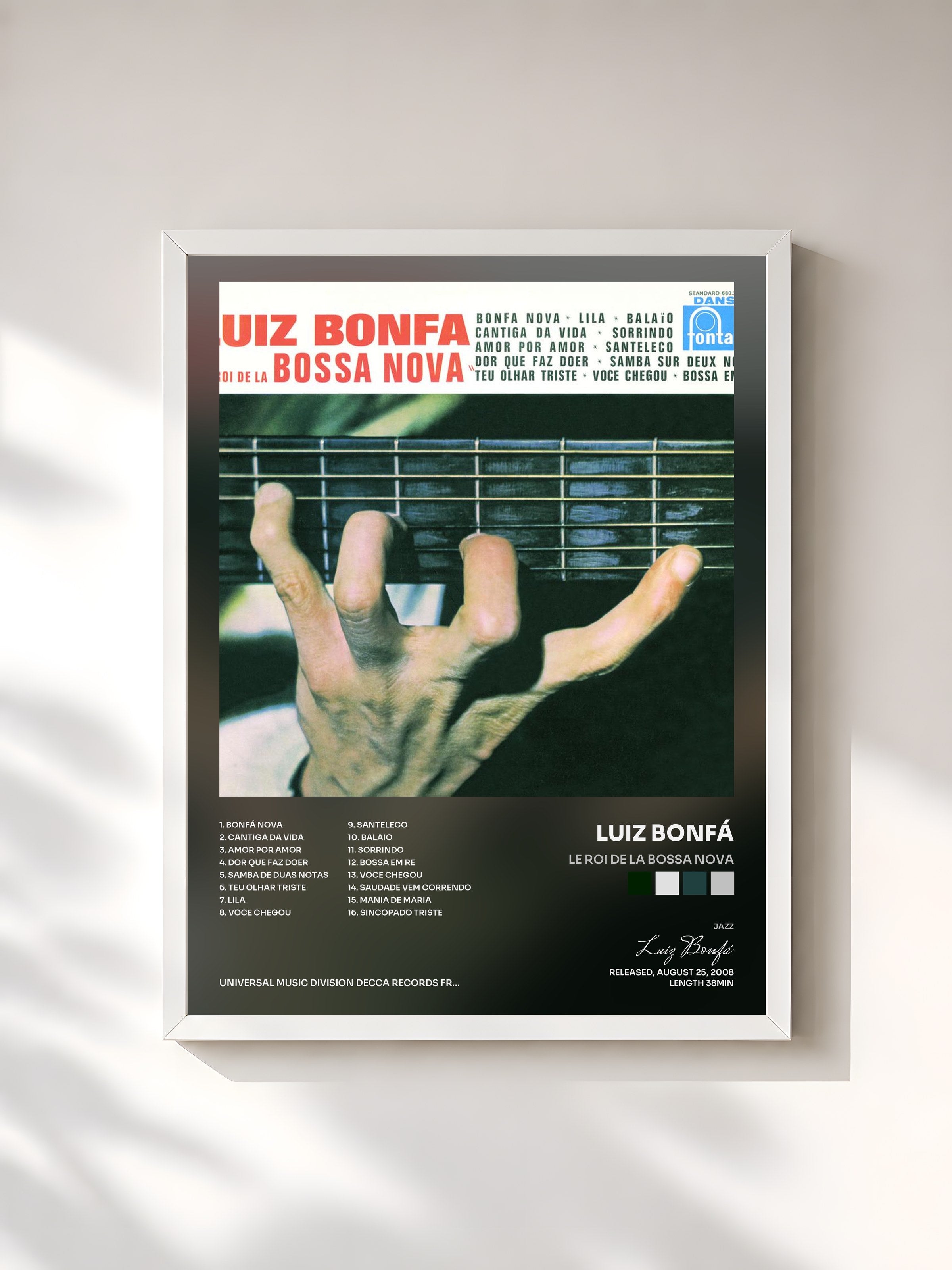 #blanc Tableau de l'album Le Roi de la Bossa Nova de Luiz Bonfá, cadre blanc, imprimé et encadré en France
