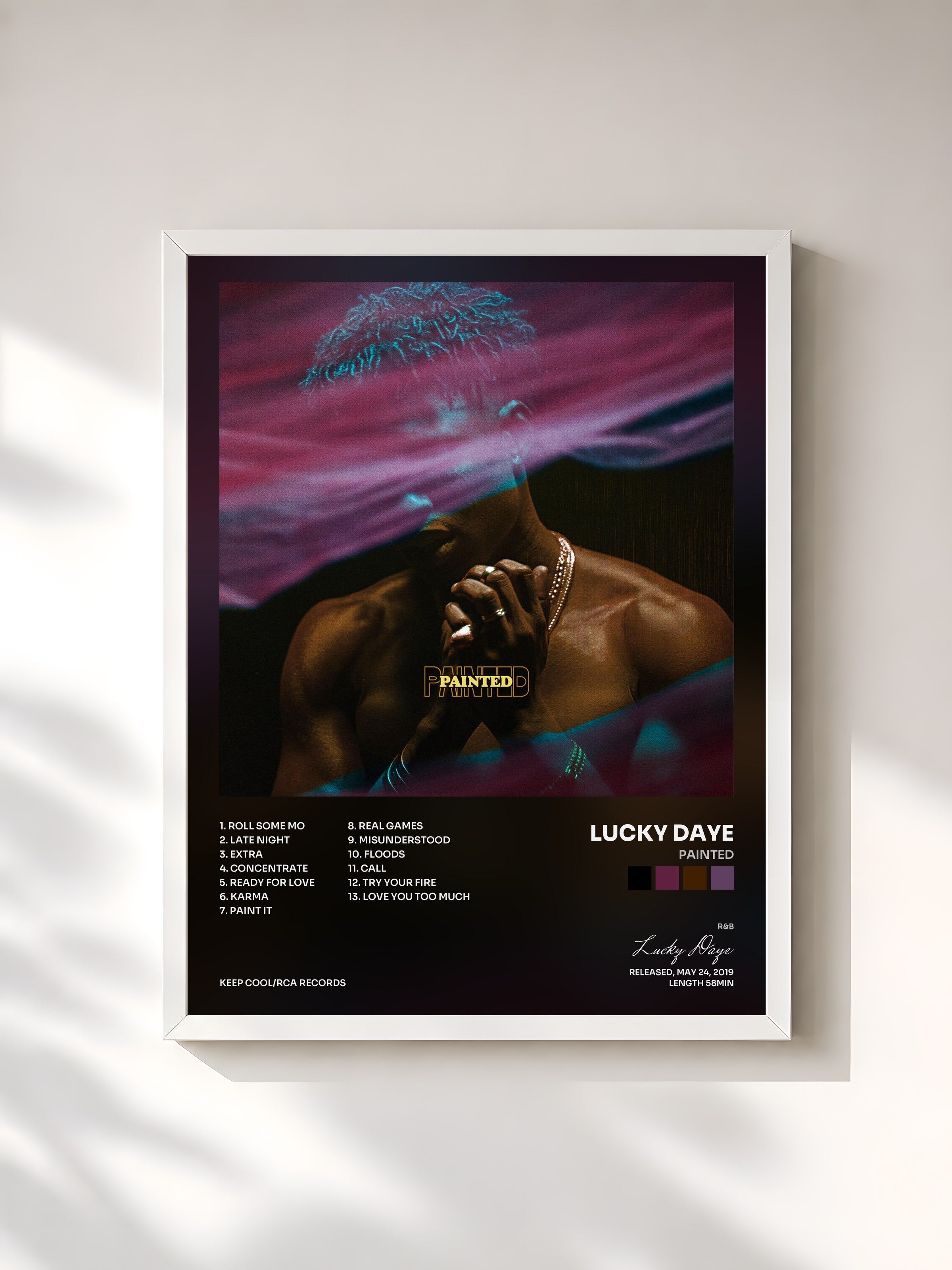 #blanc Tableau de l'album Painted de Lucky Daye, cadre blanc, imprimé et encadré en France