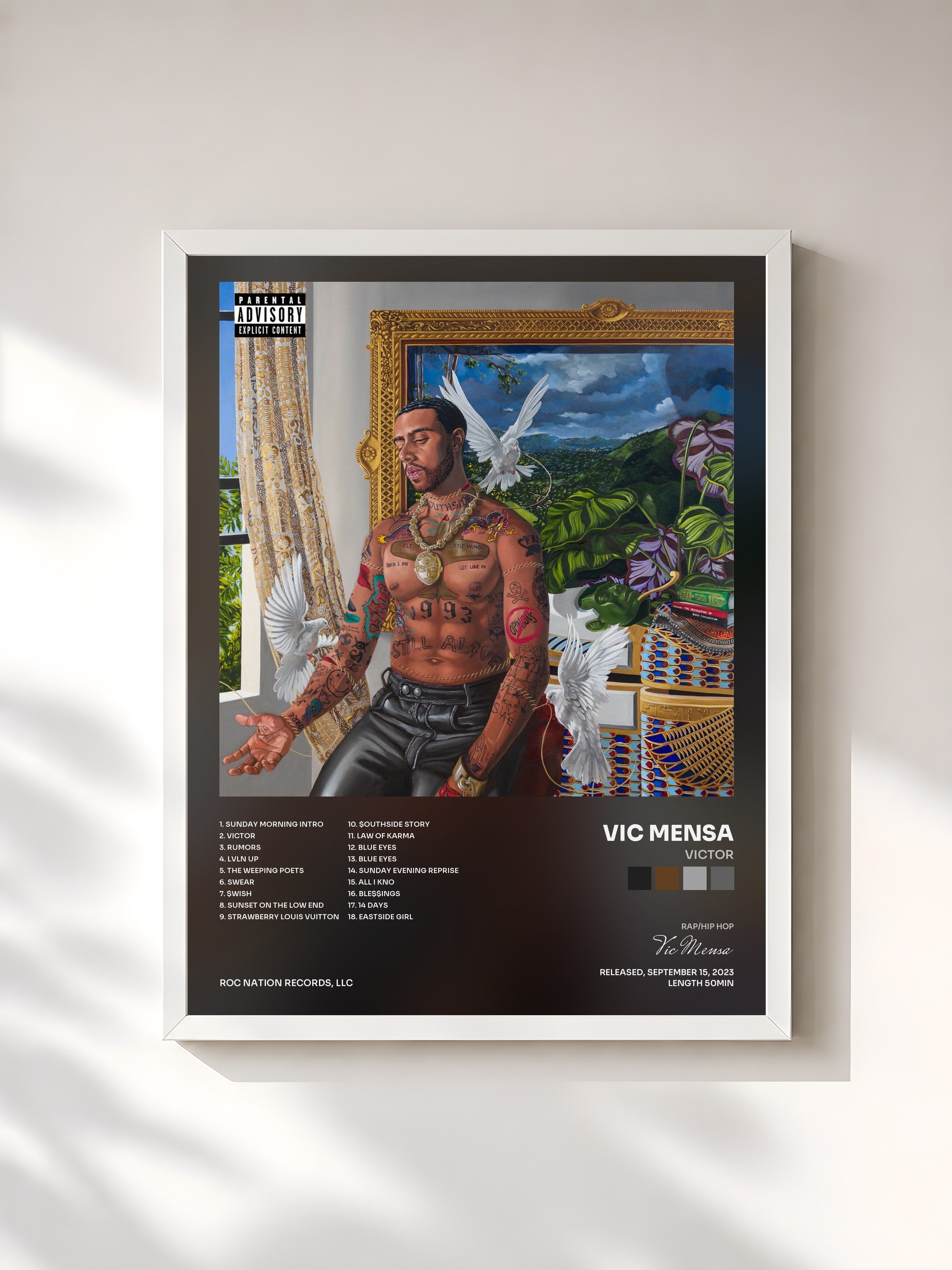 #blanc Tableau de l'album Victor de Vic Mensa, cadre blanc, imprimé et encadré en France