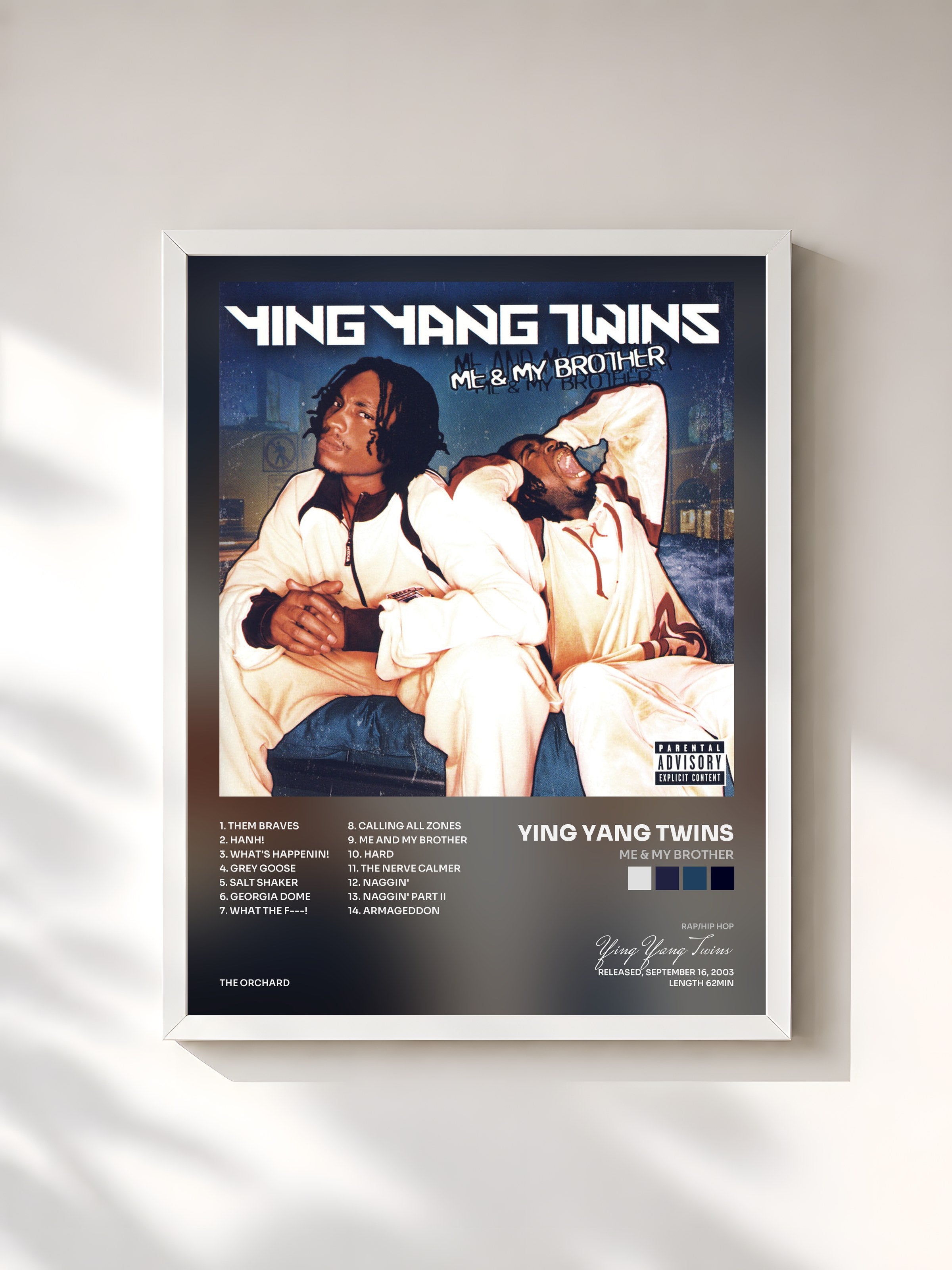 #blanc Tableau de l'album Me & My Brother de Ying Yang Twins, cadre blanc, imprimé et encadré en France