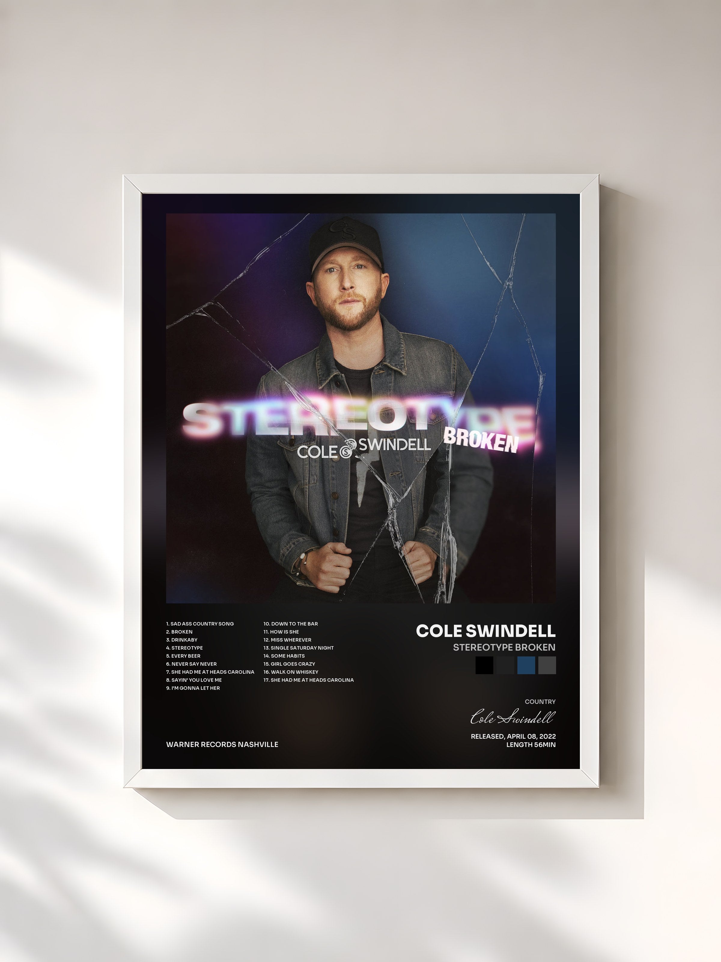 #blanc Tableau de l'album Stereotype Broken de Cole Swindell, cadre blanc, imprimé et encadré en France