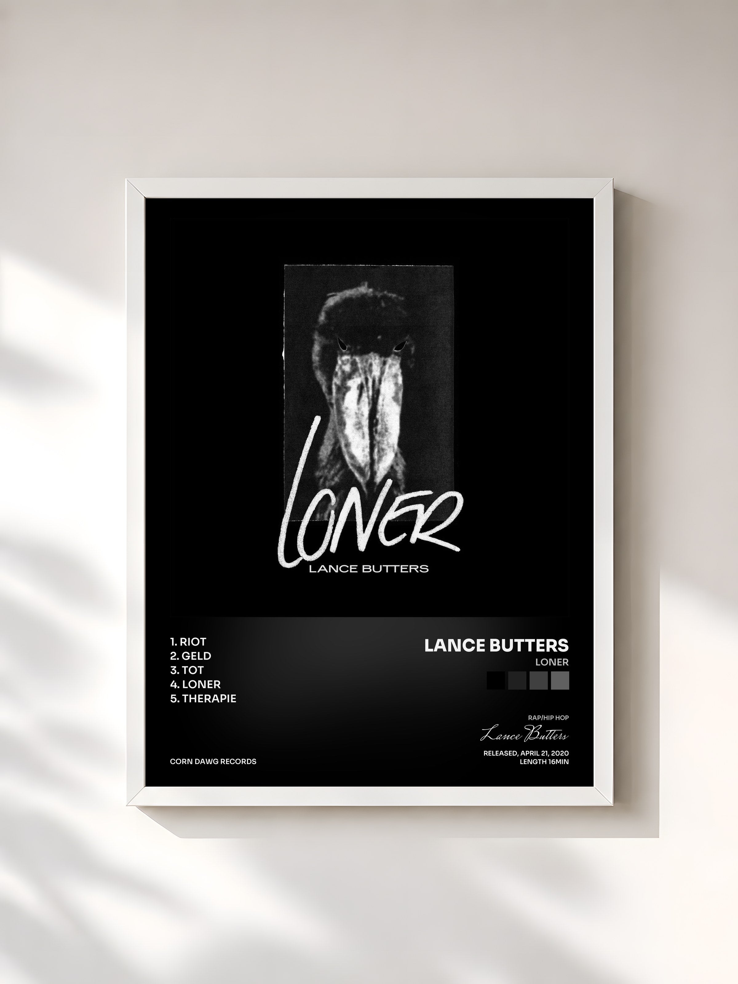 #blanc Tableau de l'album LONER de Lance Butters, cadre blanc, imprimé et encadré en France