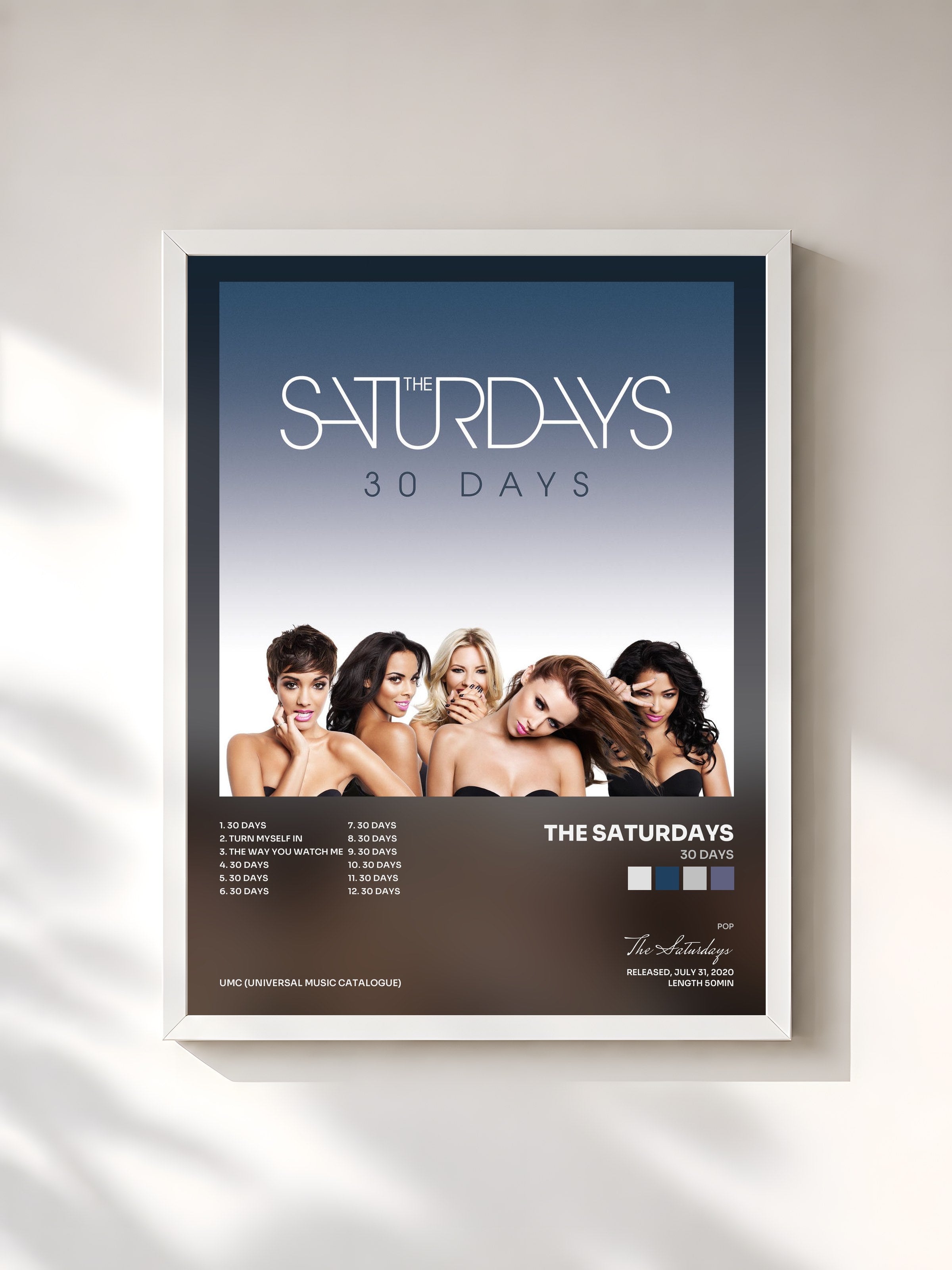 #blanc Tableau de l'album 30 Days de The Saturdays, cadre blanc, imprimé et encadré en France